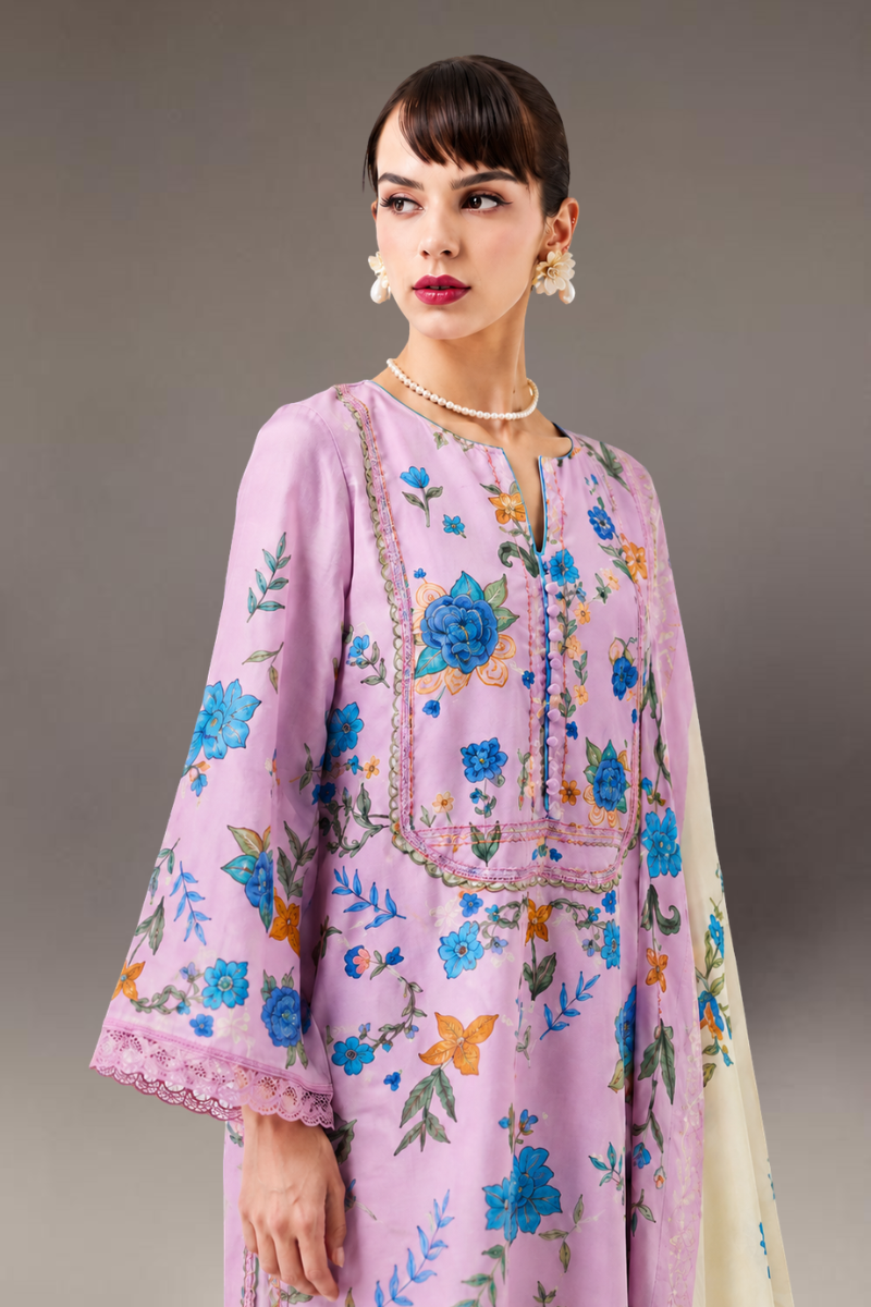 Baby Pink Pure Cotton Lawn Suit Set With Resham Embroidery, Digital Print & Scalloped Crochet Design