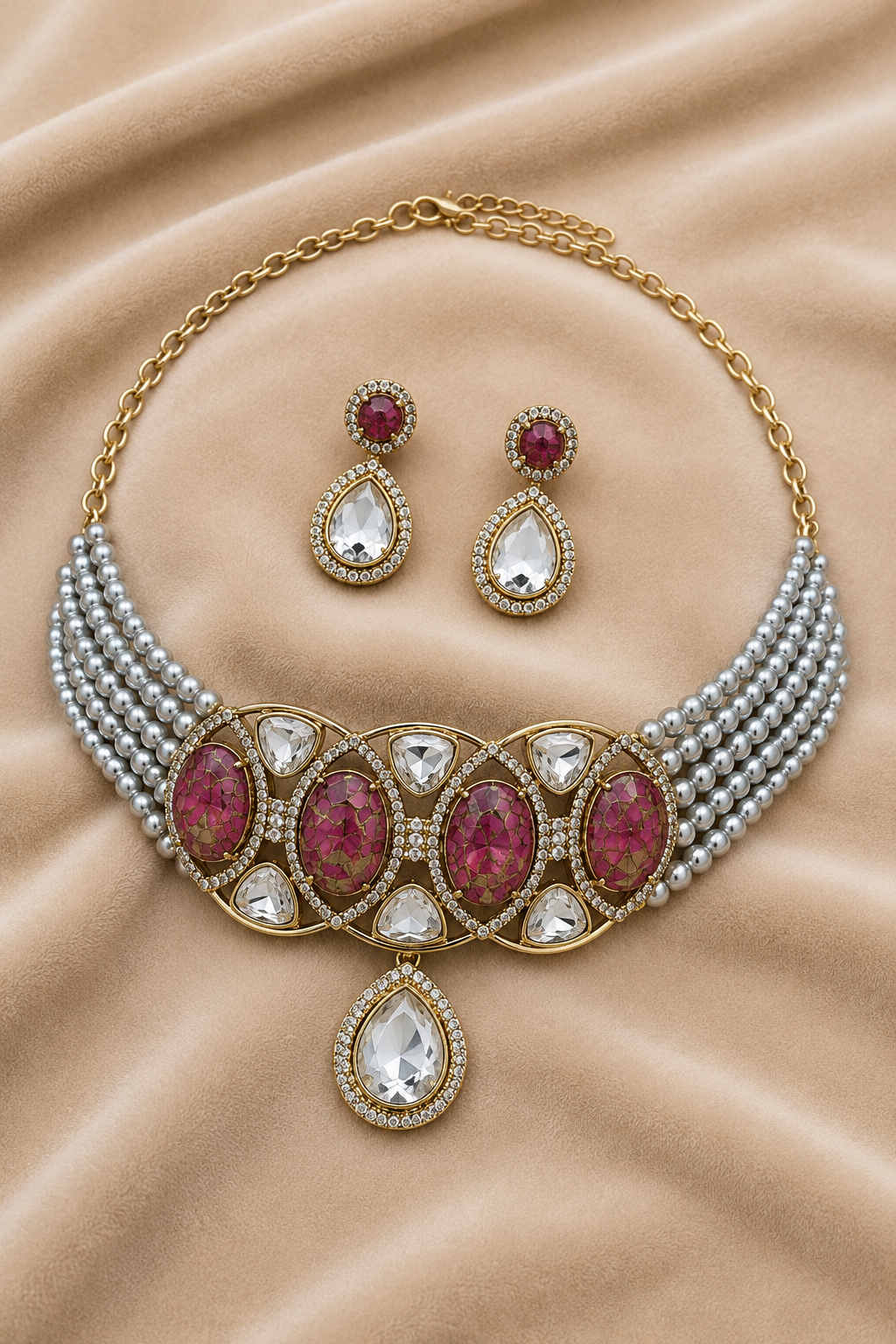 Pearl Multi-Strand Kundan Necklace Set with Red & White Teardrop Stones and Matching Earrings