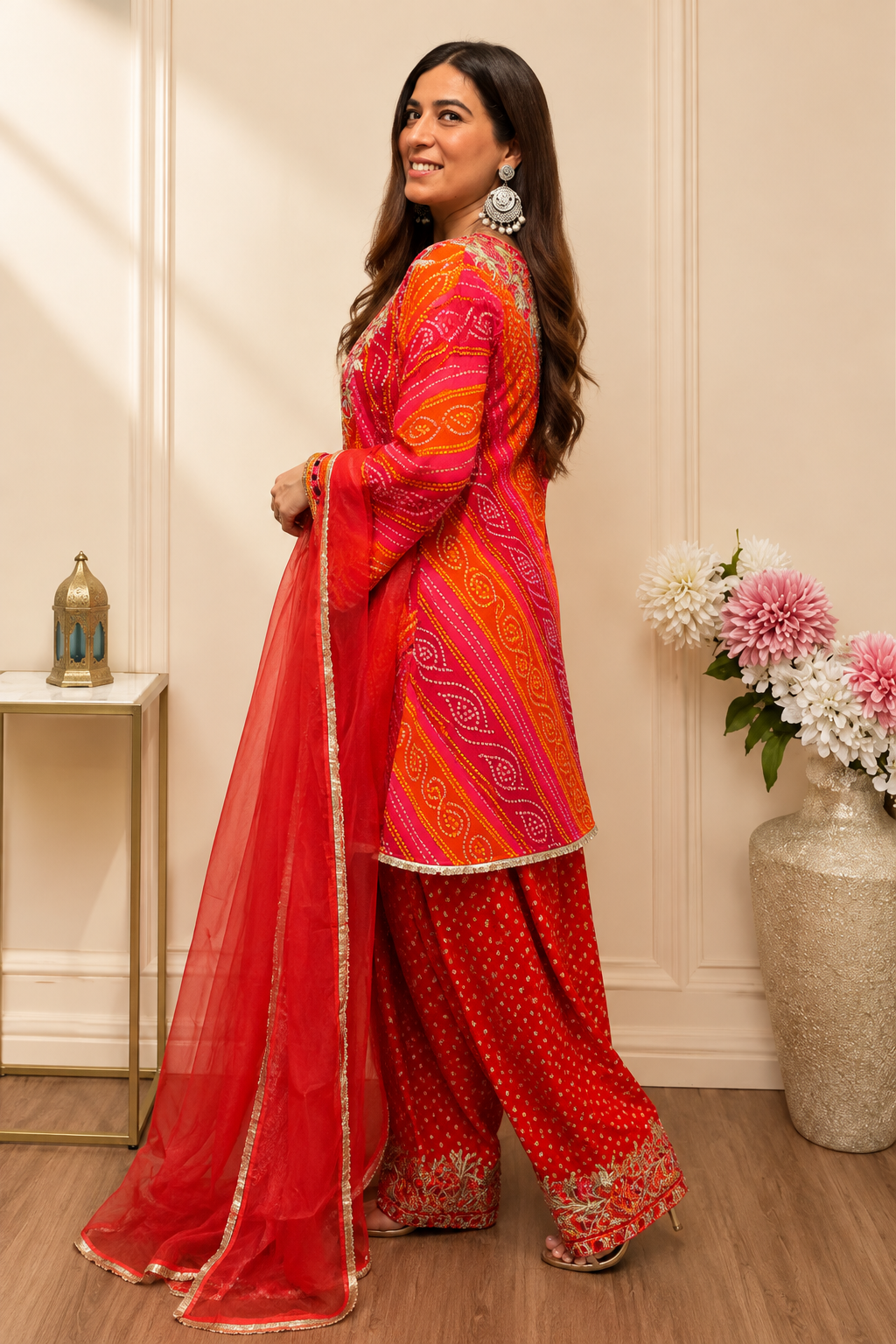 Red Georgette Bandhani Suit Set With Floral Embroidery