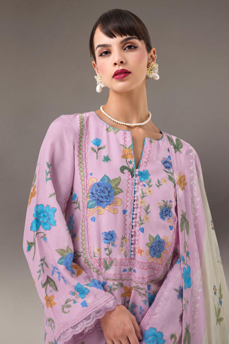 Baby Pink Pure Cotton Lawn Suit Set With Resham Embroidery, Digital Print & Scalloped Crochet Design