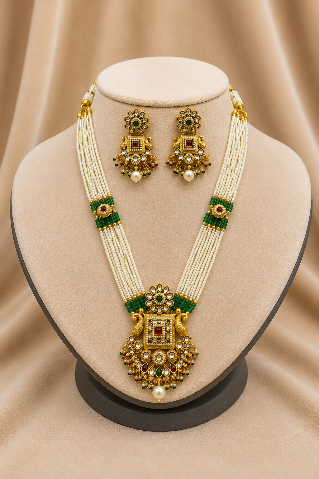 Gold-Tone Kundan Pearl Long Necklace Set with Multicolor Kundan Design