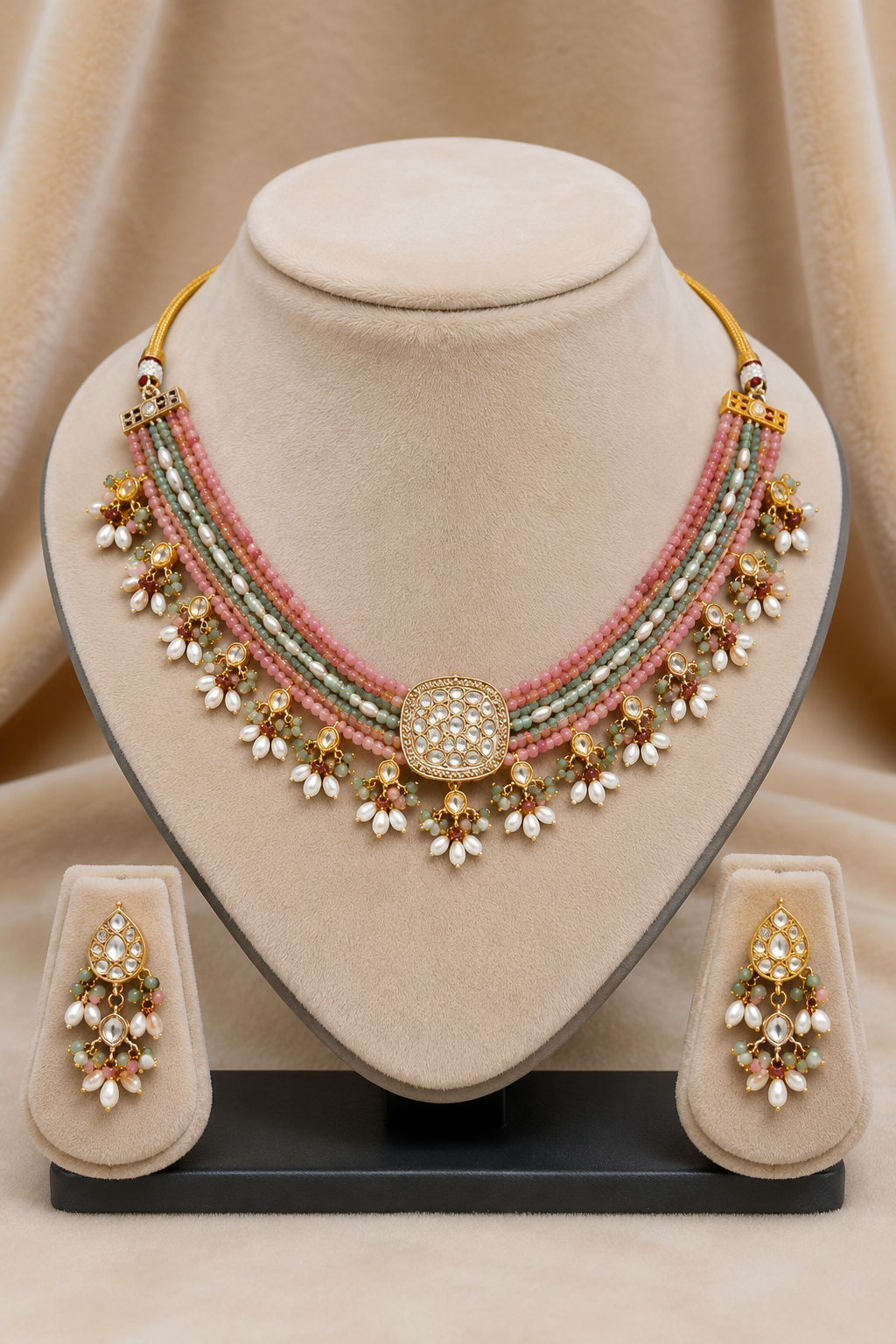 Gold Finish Stone Kundan Multicolor Beads and Pearls Choker Jewellery