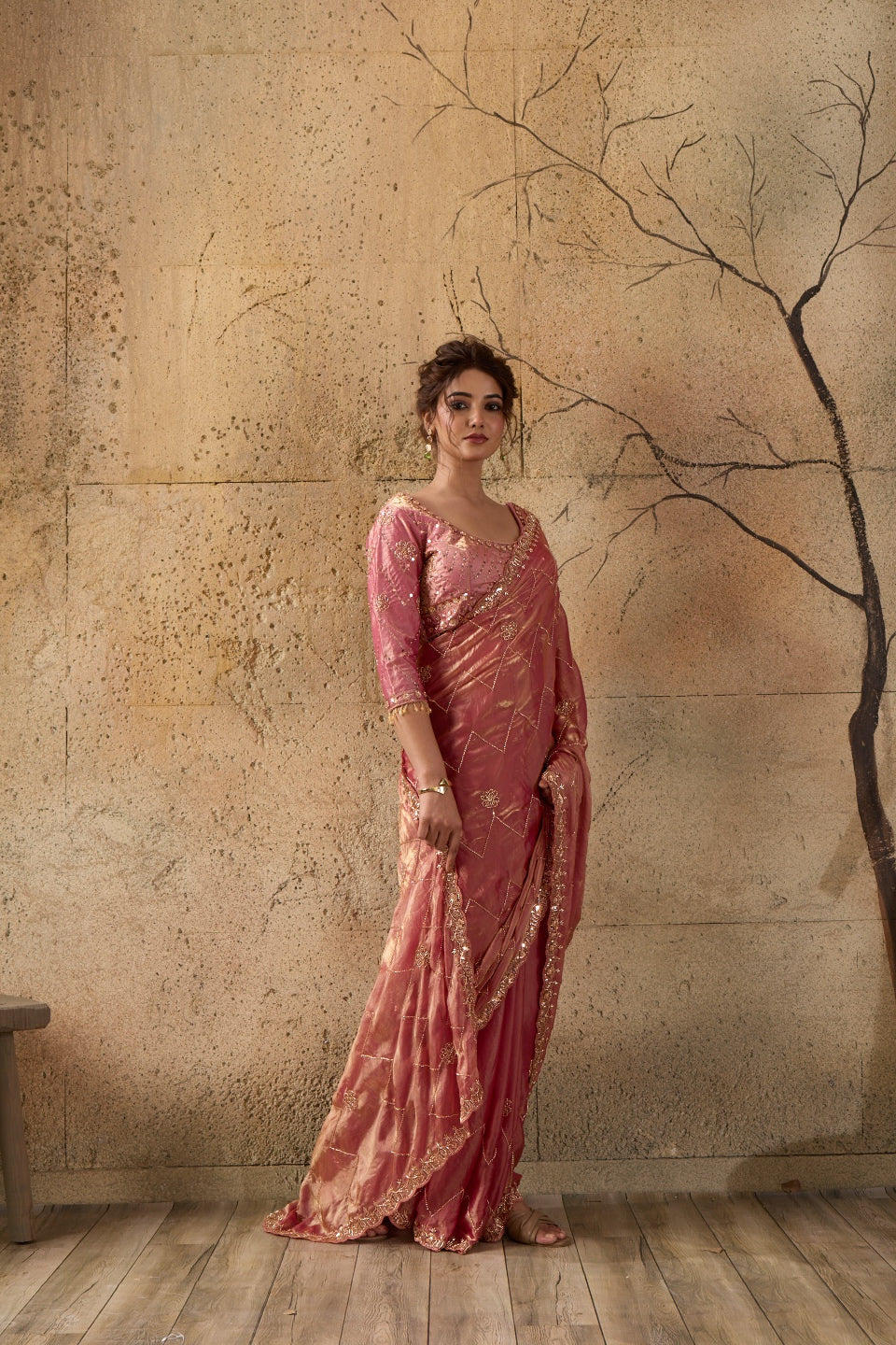 Rose Pink Organza Saree with Hand Embroidery with Stitched Blouse