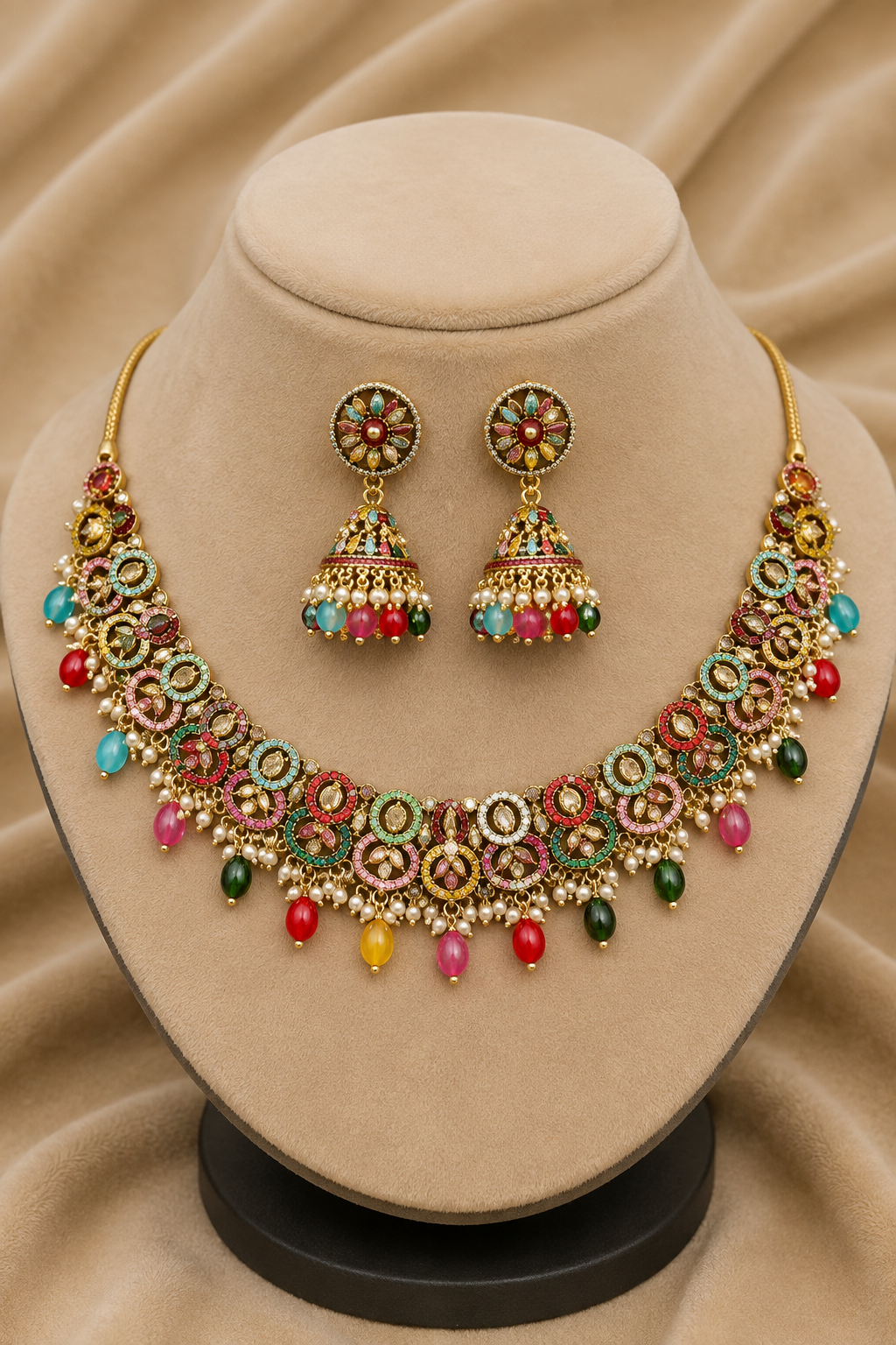Multi-Color Necklace Jewellery Set with Maang Tikka and Passa
