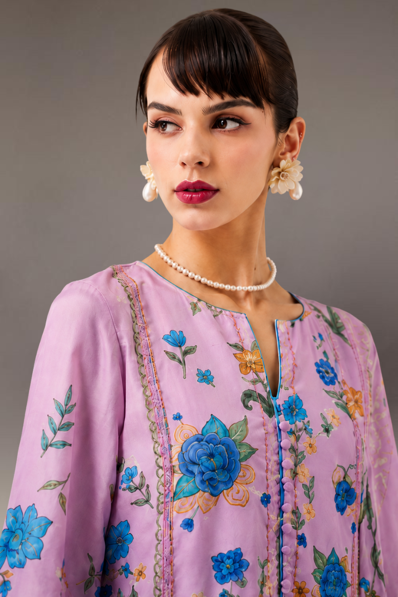 Baby Pink Pure Cotton Lawn Suit Set With Resham Embroidery, Digital Print & Scalloped Crochet Design