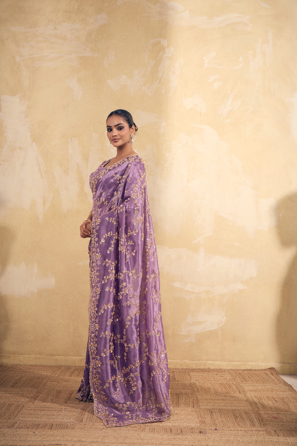 Lavendar Purple Organza Silk Saree with Hand Embriodery with Stitched Blouse