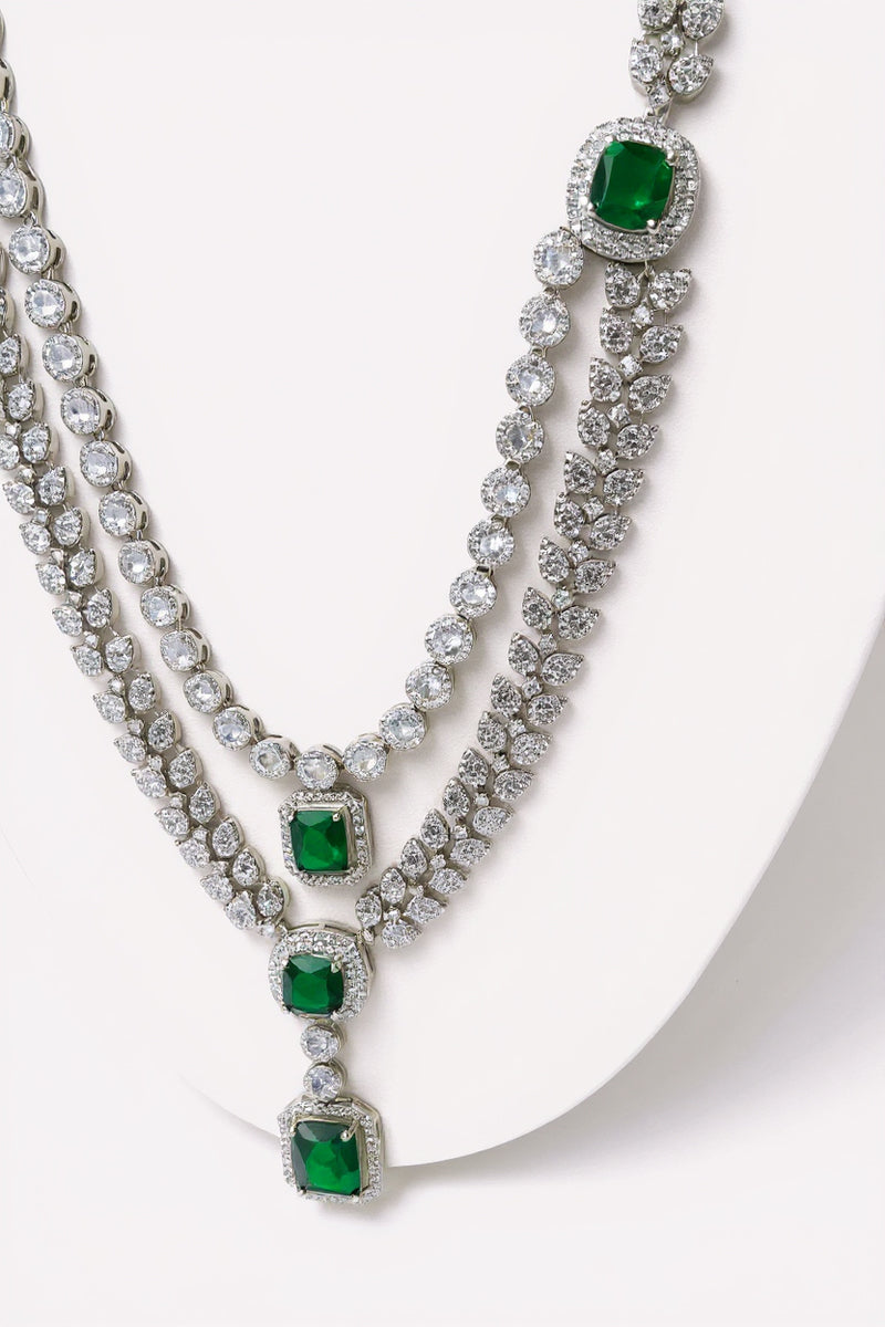 Emerald Green American Diamond Double-Layer Leaf Necklace