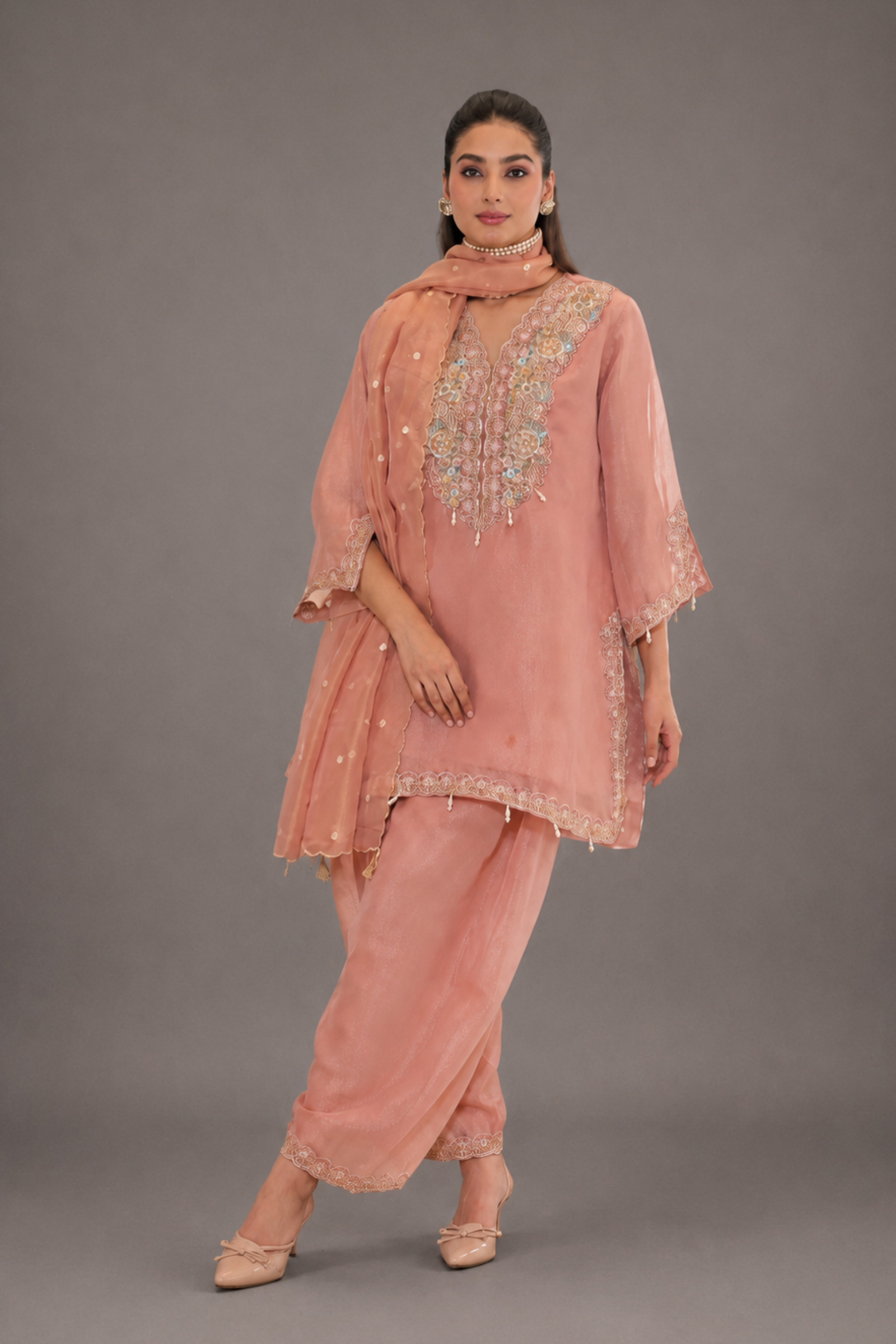 Blush Pink Shimmer Silk Kurta Set with Embroidered Designer Work