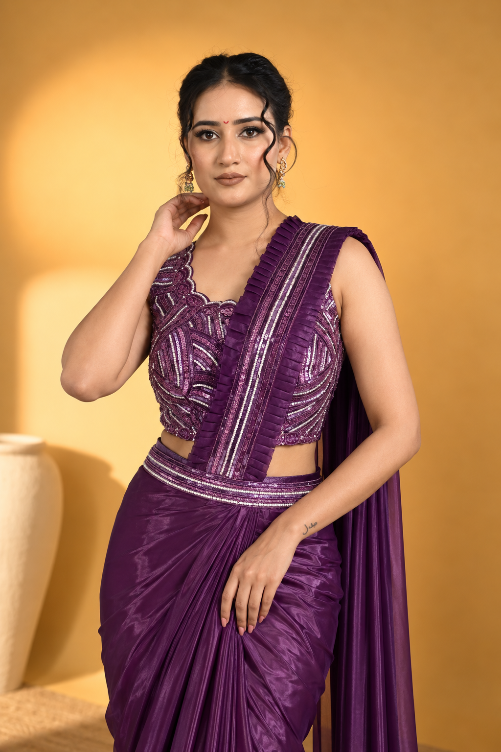 Dark Purple Satin Silk Pre-Draped Saree with Embroidered Work