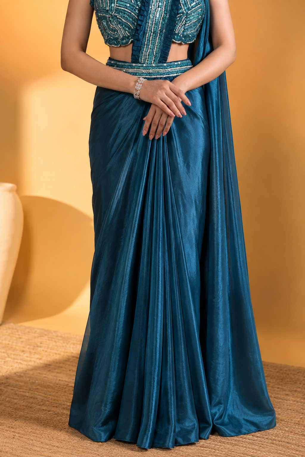 Teal Blue Satin Silk Pre-Draped Saree with Embroidered Work
