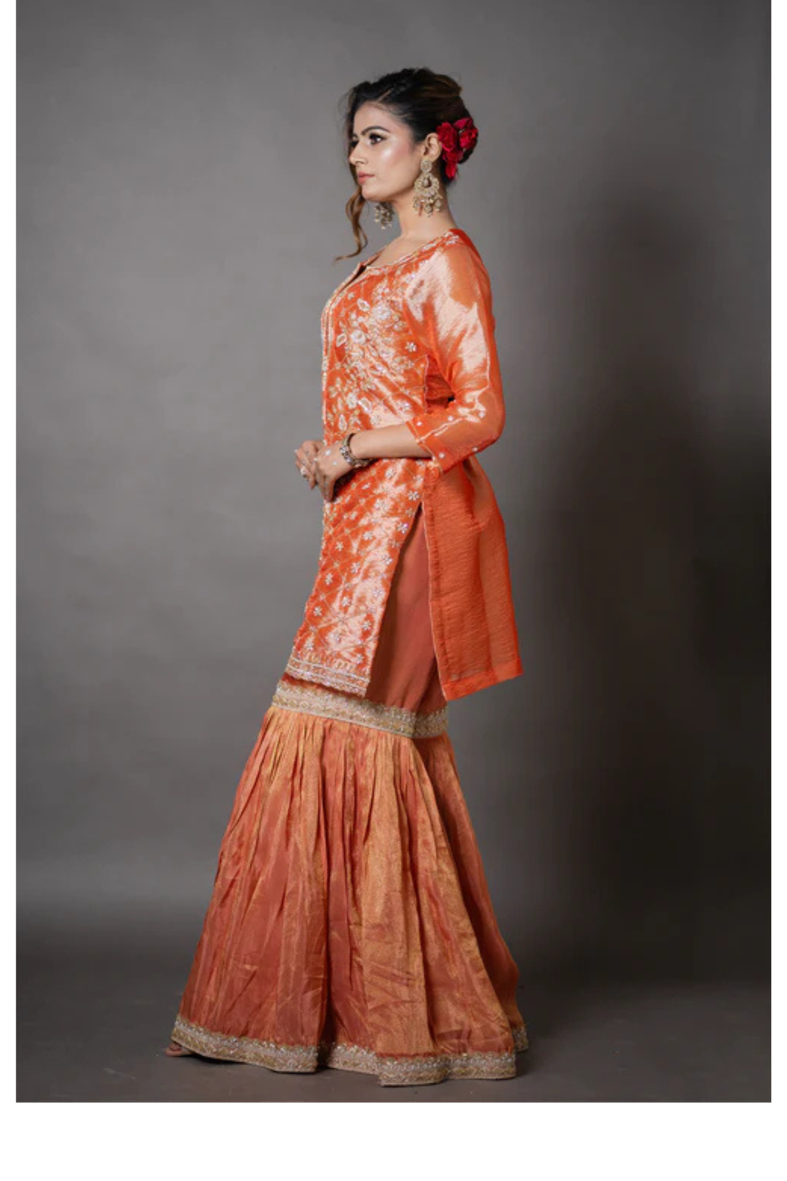 Orange Organza Kurta Gharara Set with Zari, Sequin & Pearl Hand Embroidery Work