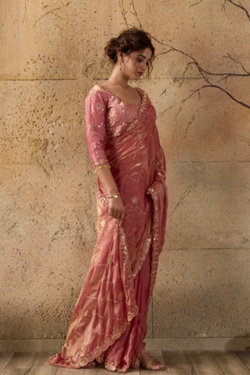 Rose Pink Organza Saree with Hand Embroidery with Stitched Blouse