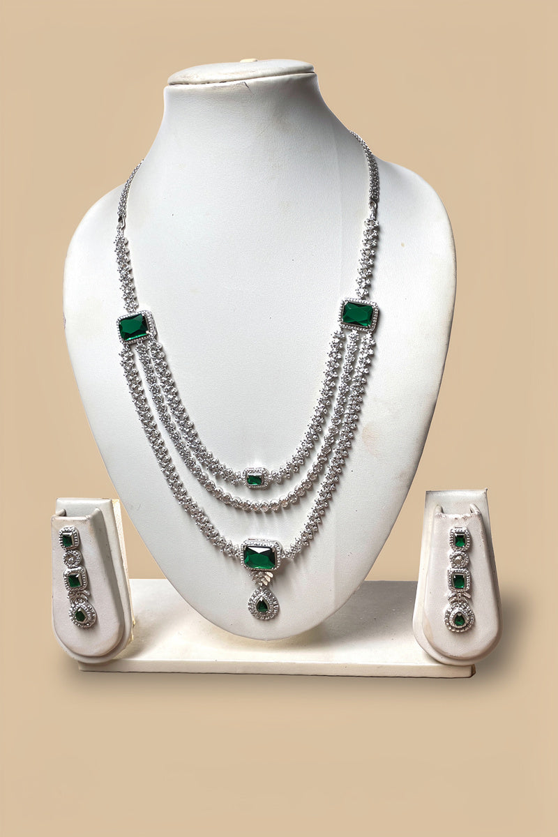Royal Emerald Green Square-Cut American Diamond 3-Layer Necklace Set