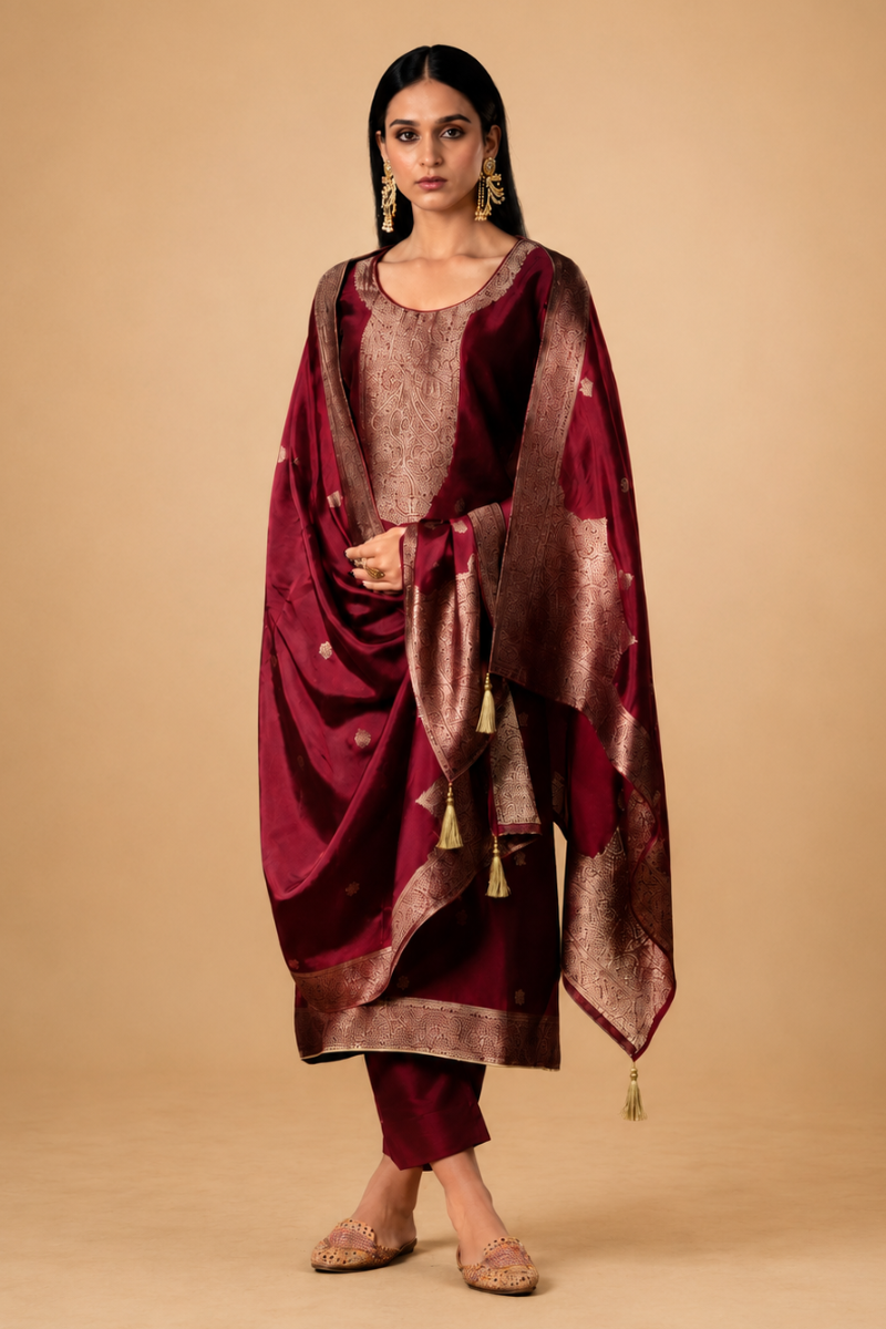 Wine Maroon Premium Viscose Woven Silk Jacquard Suit Set with Hand Work Design