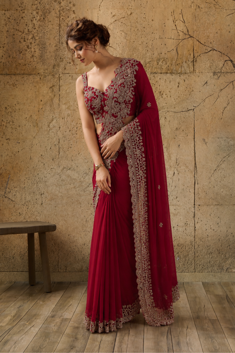 Wine Red Lycra Pre-Draped Saree with Floral Embroidered Ready To Wear Blouse