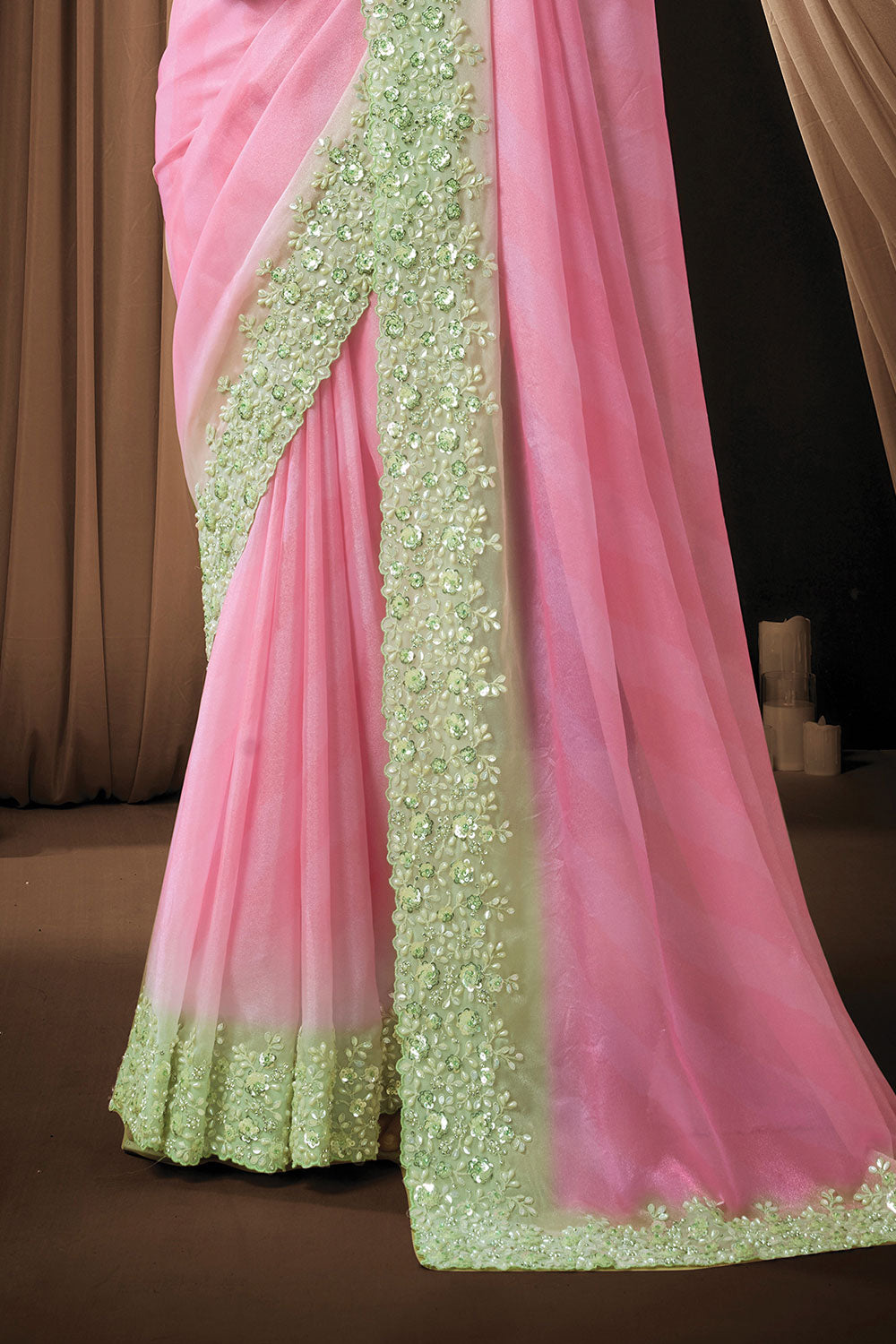 Blush Pink Georgette Saree with Mint Green Embroidered Border