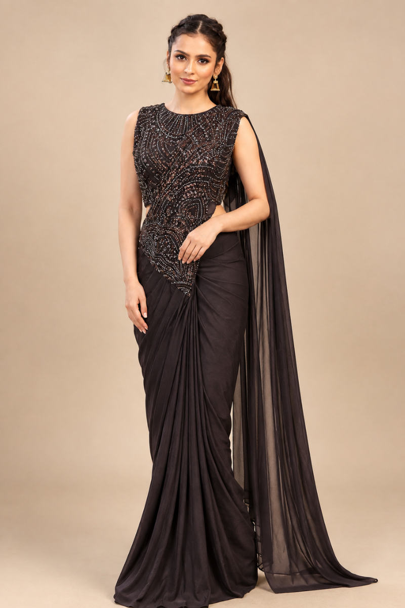 Brown Lycra Pre-Draped Saree with Sequin Embroidered Blouse