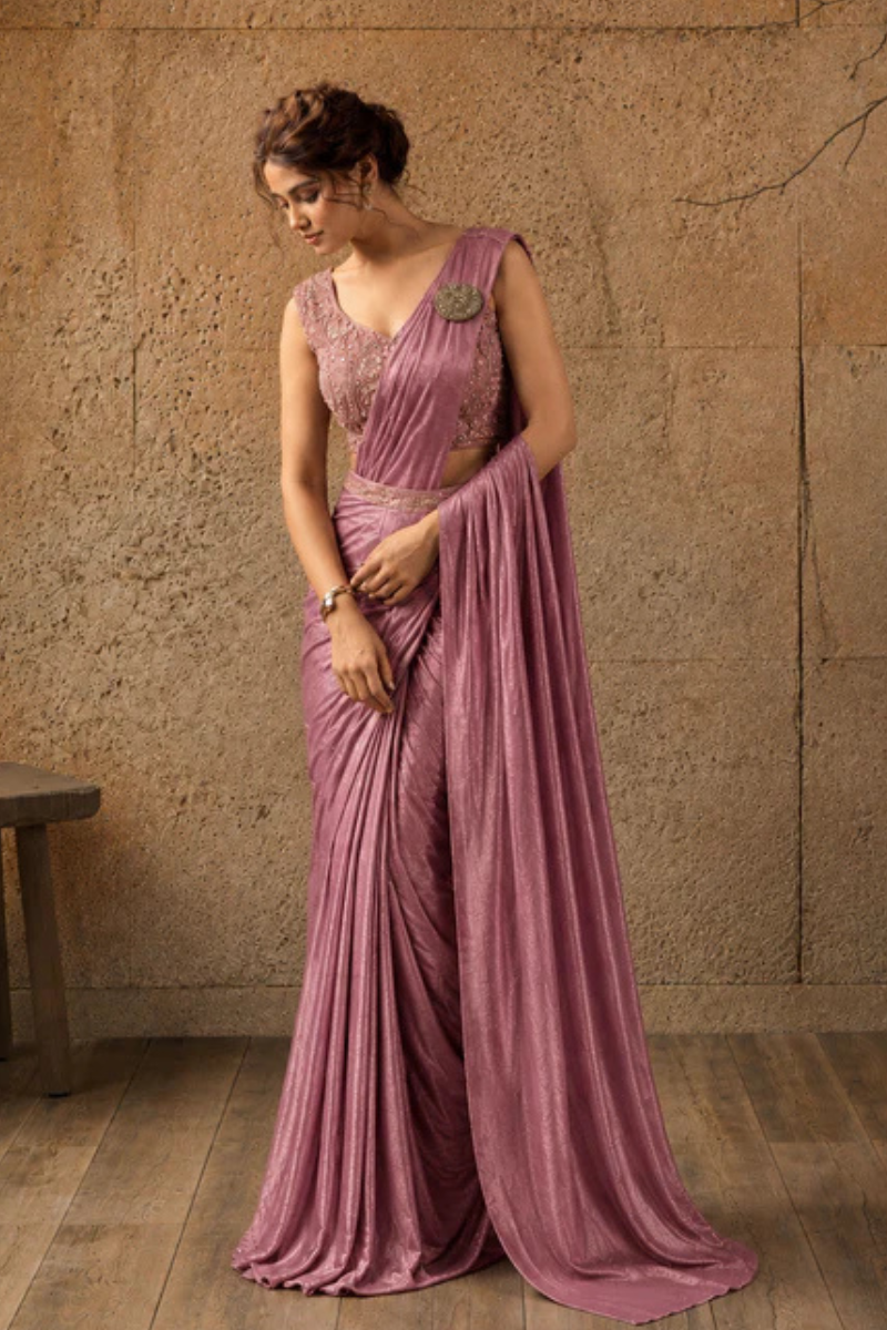 Rose Pink Lycra Pre-Draped Saree with Ready to Wear Blouse