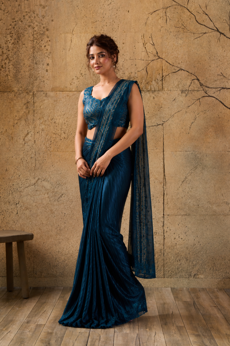 Teal Blue Georgette Pre-Draped Saree with Heavy Sequin Embroidered Ready to Wear Blouse