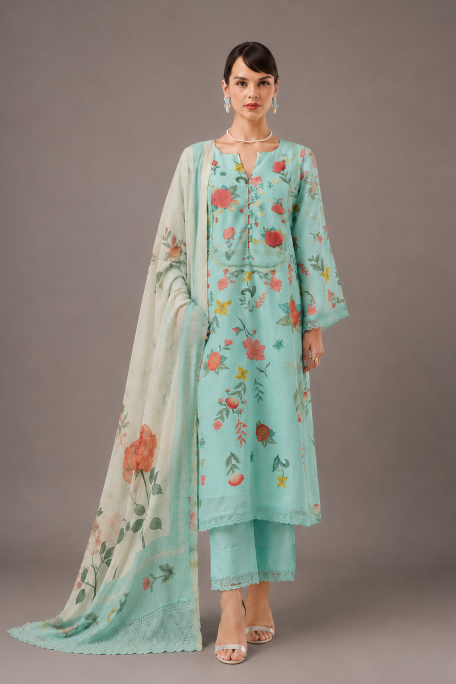 Green Pure Cotton Lawn Suit Set With Resham Embroidery, Digital Print & Scalloped Crochet Design