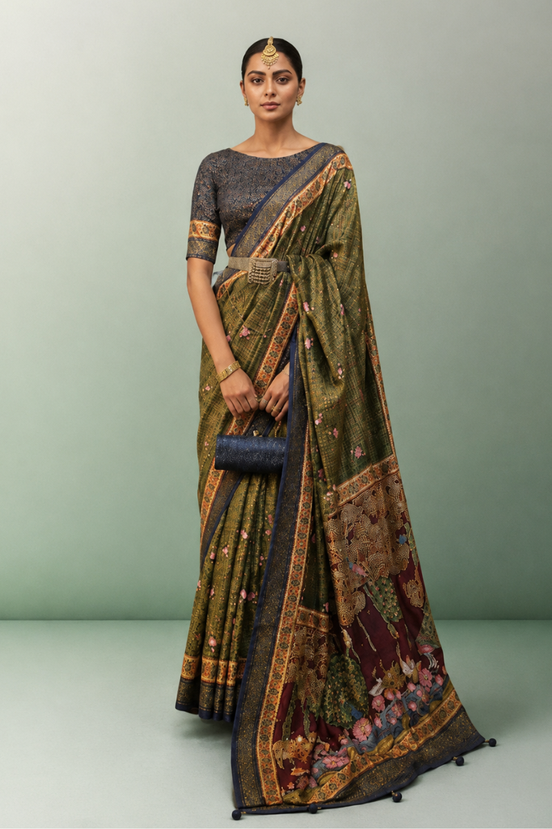 Mehndi Green Raw Silk Saree with Floral Motifs