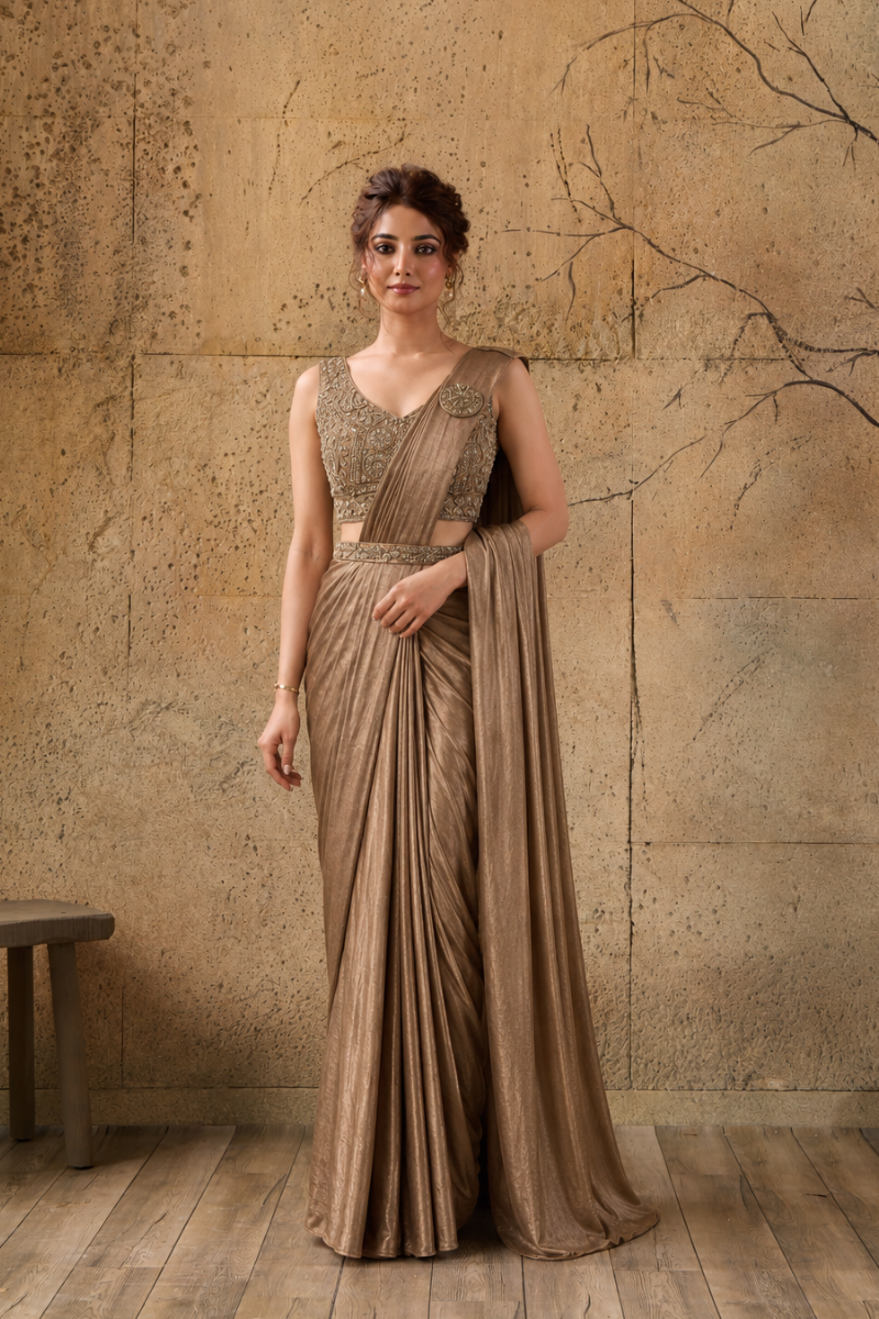 Mocha Brown Lycra Pre-Draped Saree with Ready to Wear Blouse