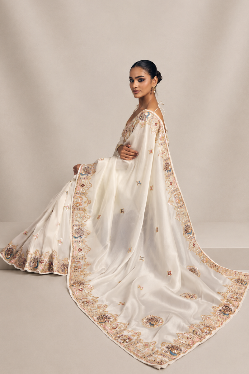 Ivory White Organza Saree with Peacock Hand Embroidery with Stitched Blouse