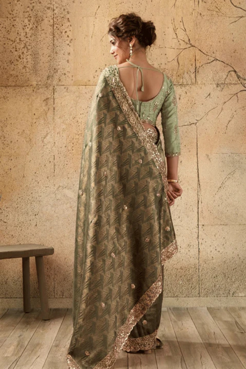 Mehandi Green Organza Silk Saree with Zari Hand Embroidery with Stitched Blouse