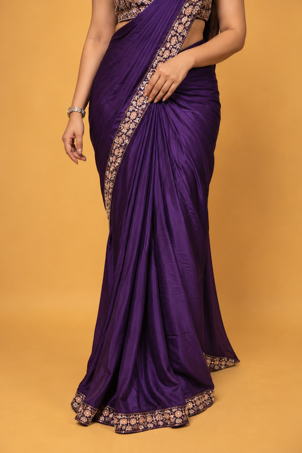 Dark Purple Satin Silk Pre-Draped Saree with Embroidered Border