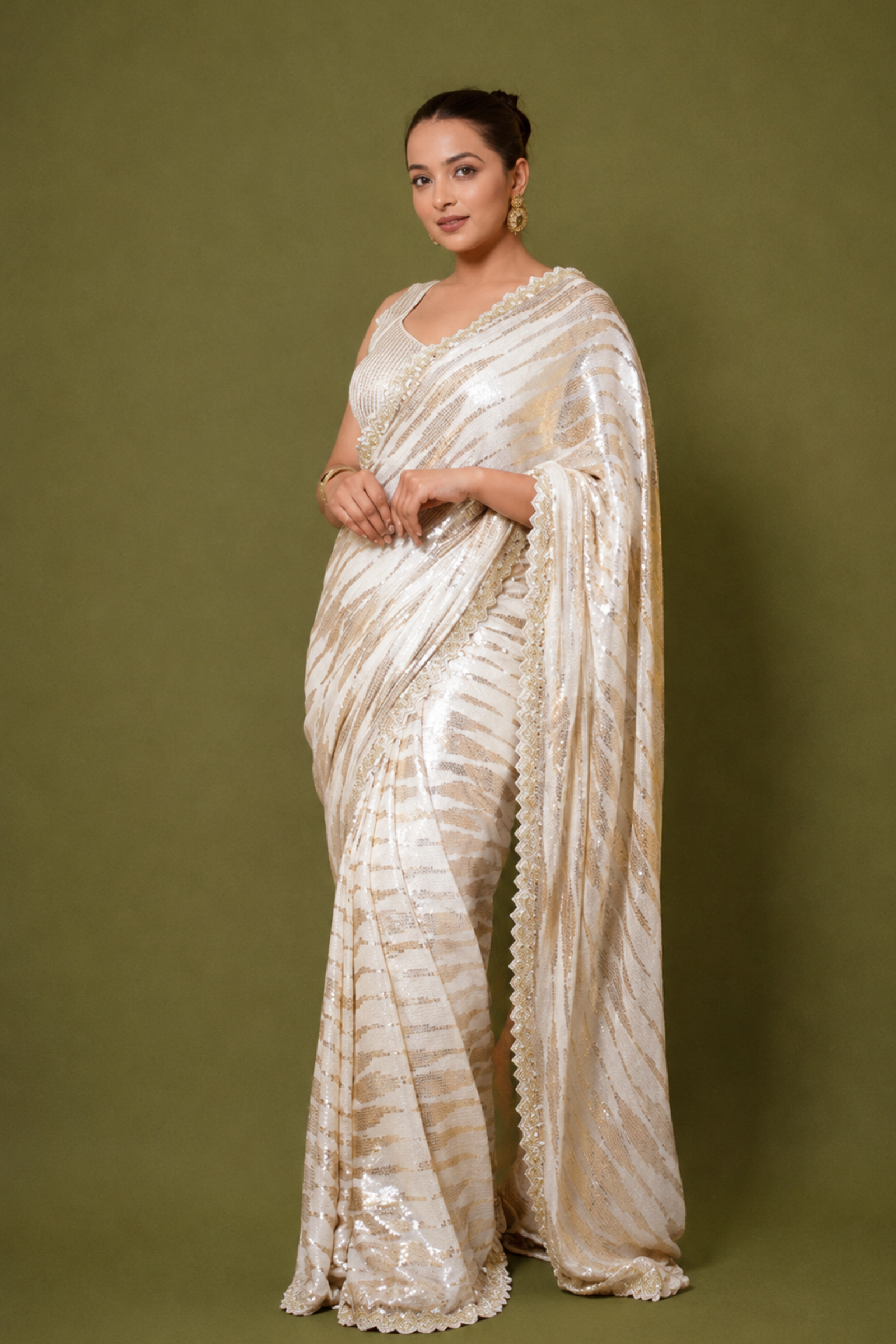 White & Champagne Gold Striped Sequin Embroidery Saree With Ready To Wear Blouse