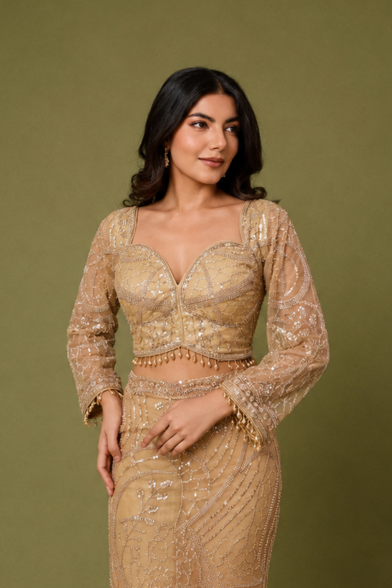 Champagne Gold Hand-Embroidered Designer Saree With Ready To Wear Blouse