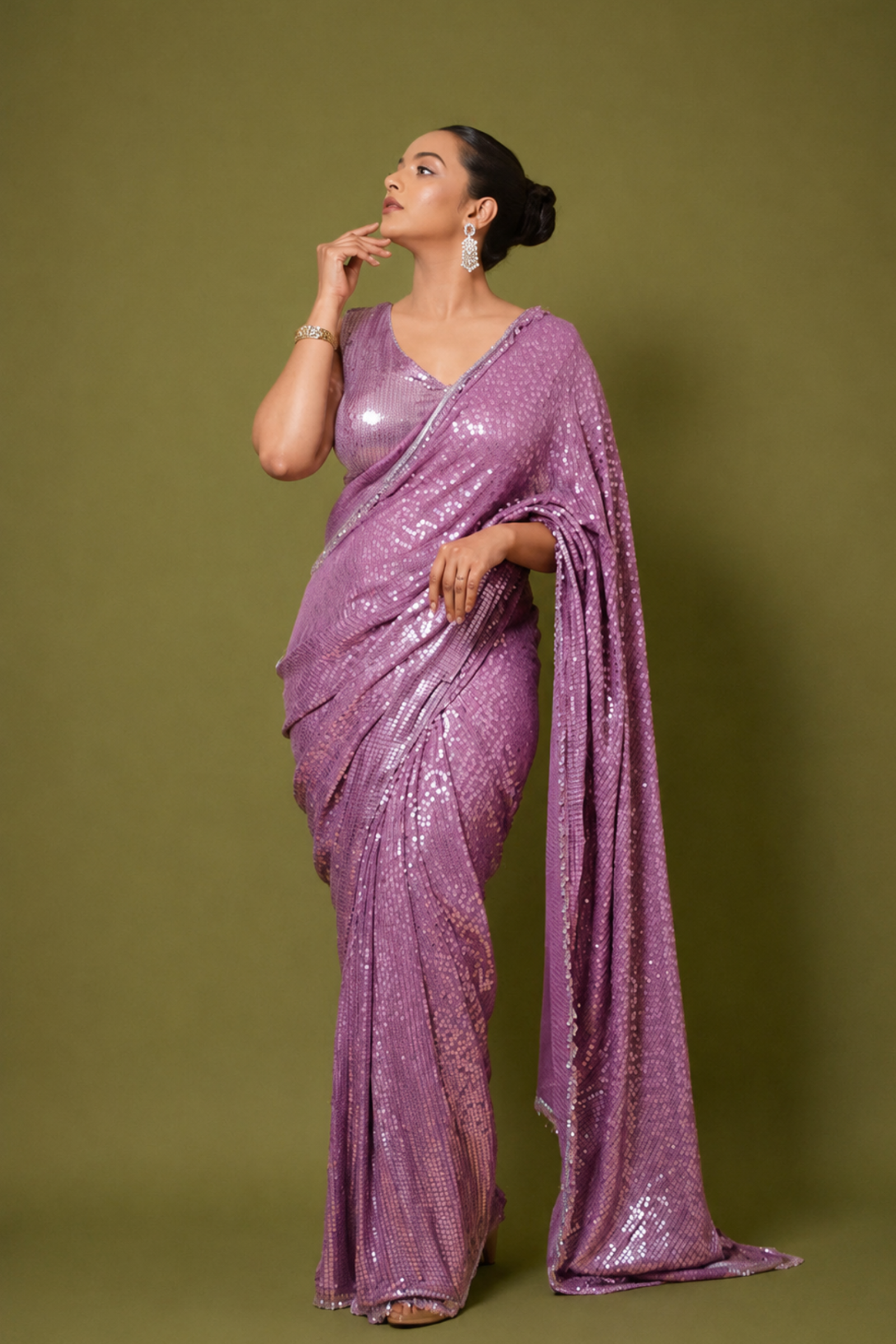 Purple All-Over Sequin Embroidery Saree With Ready To Wear Blouse