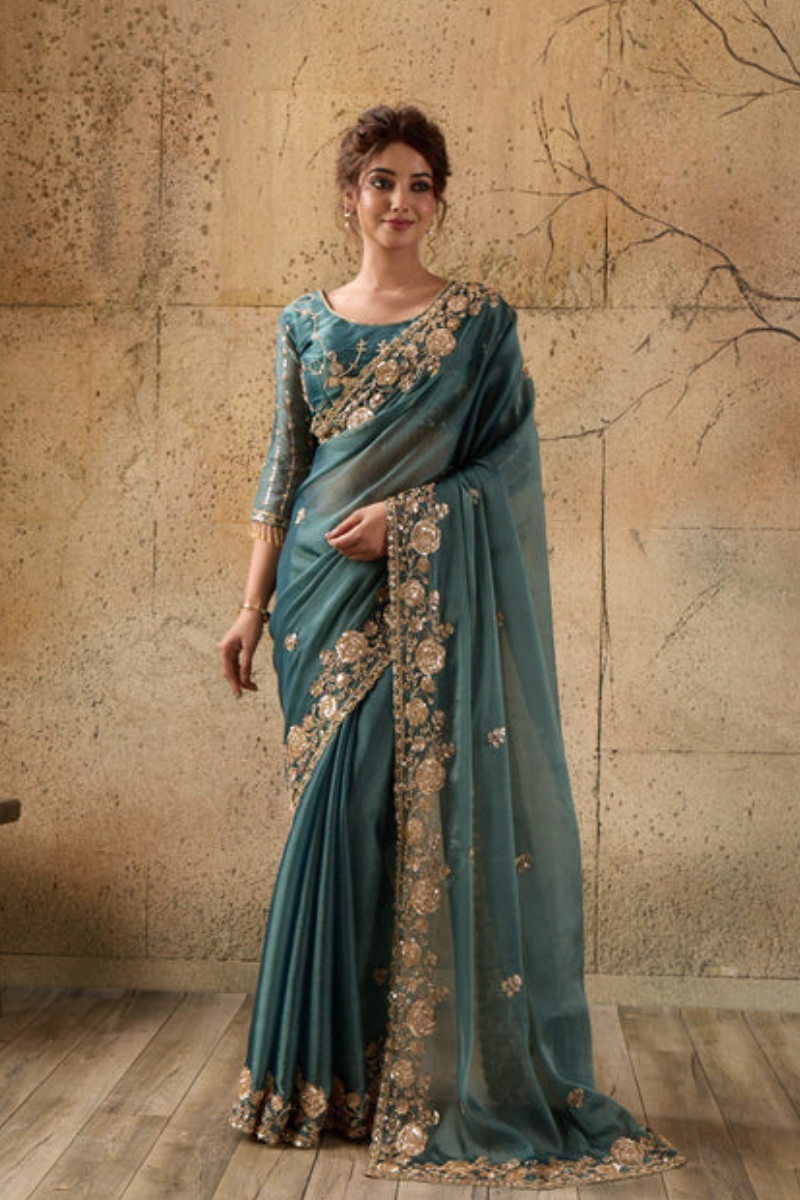 Bottle Green Organza Saree with Floral Hand Embroidery with Stitched Blouse