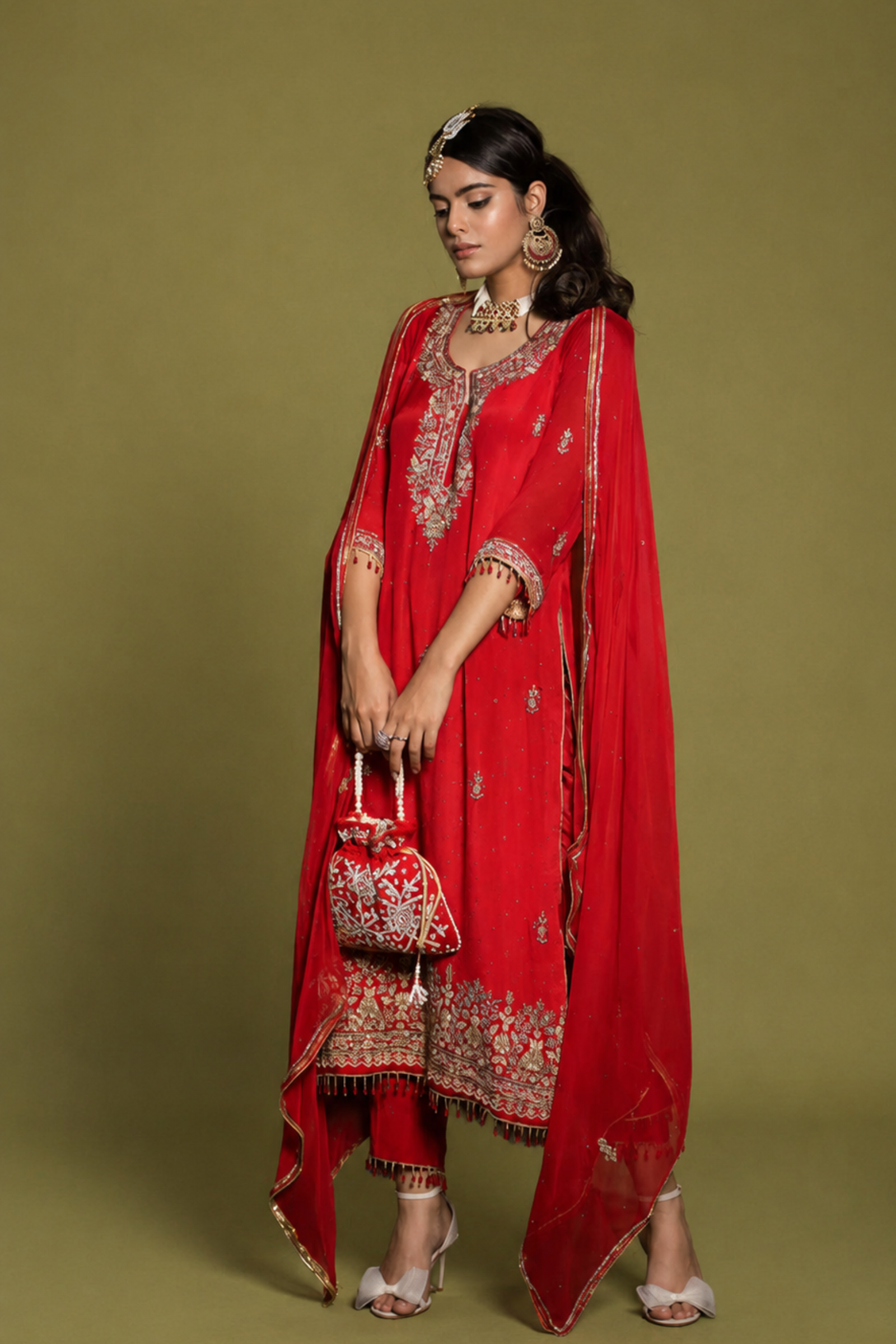 Red Heavy Zardosi Pearl Hand-Embriodered Suit