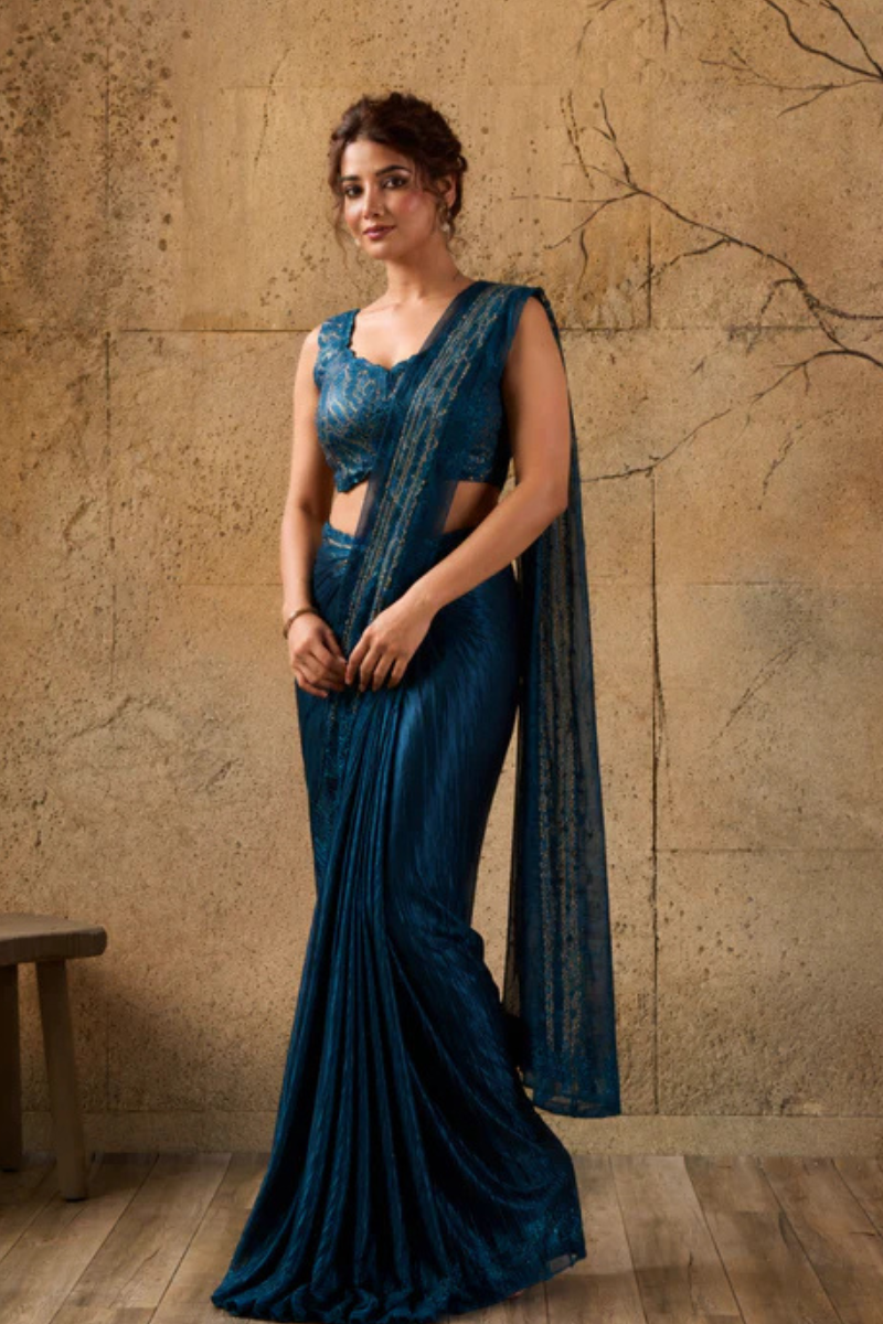Teal Blue Georgette Pre-Draped Saree with Heavy Sequin Embroidered Ready to Wear Blouse