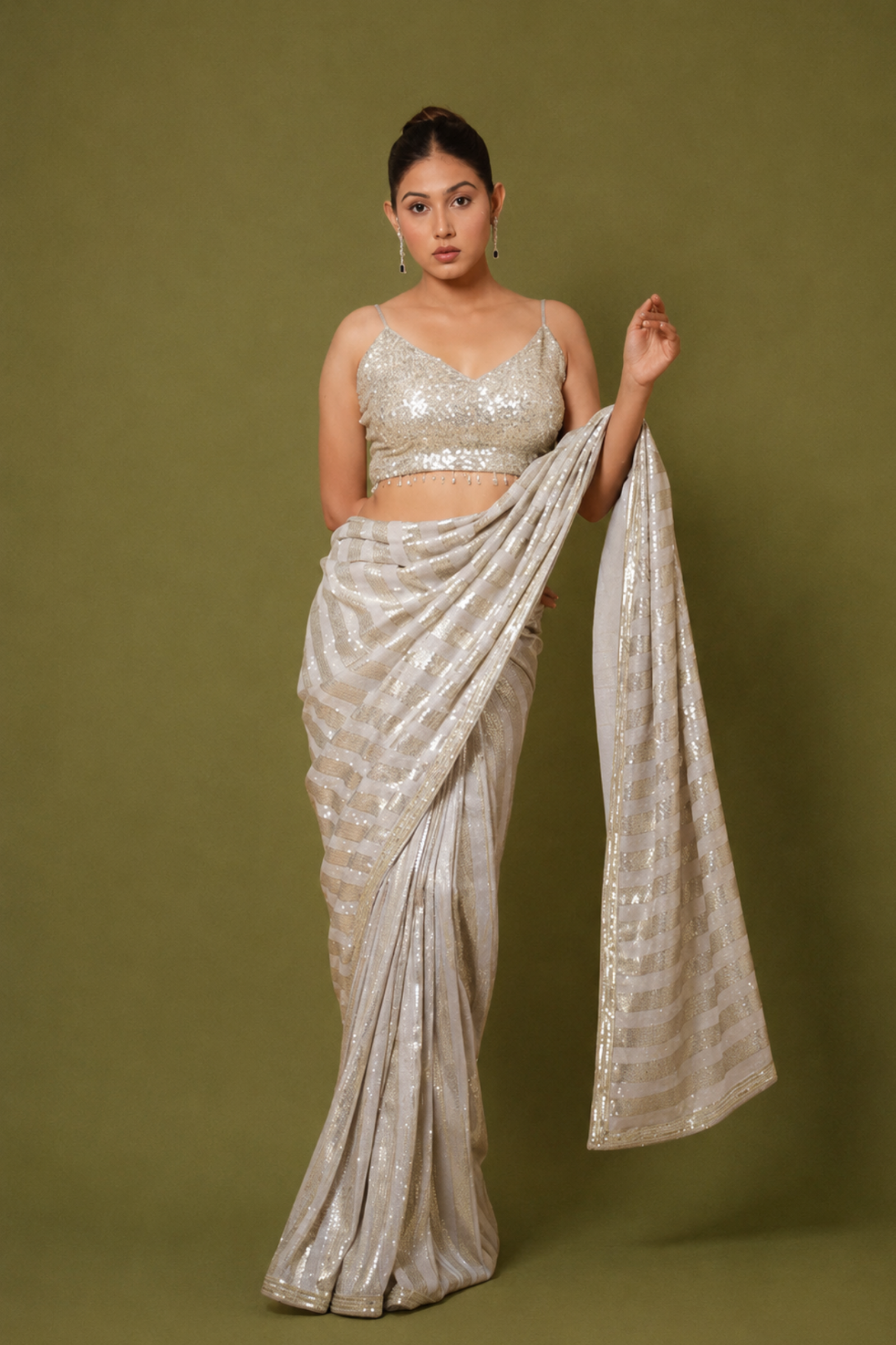 Off-White With Silver Diagonal Striped Sequin Embroidery Saree With Ready To Wear Blouse