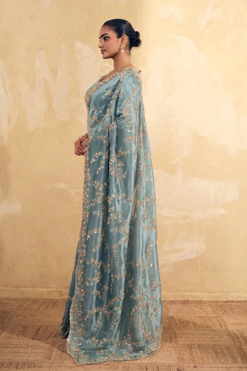 Aqua Blue Organza Silk Saree with Hand Embriodery with Stitched Blouse