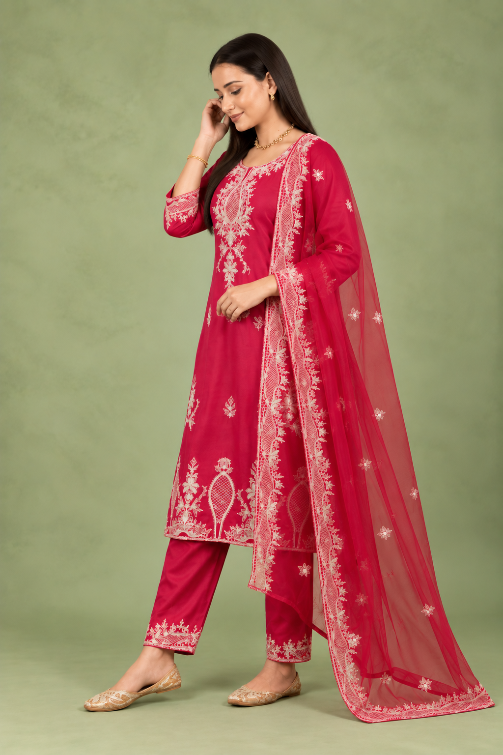 Red Silk Kurta Set With Lucknowi Embroidery