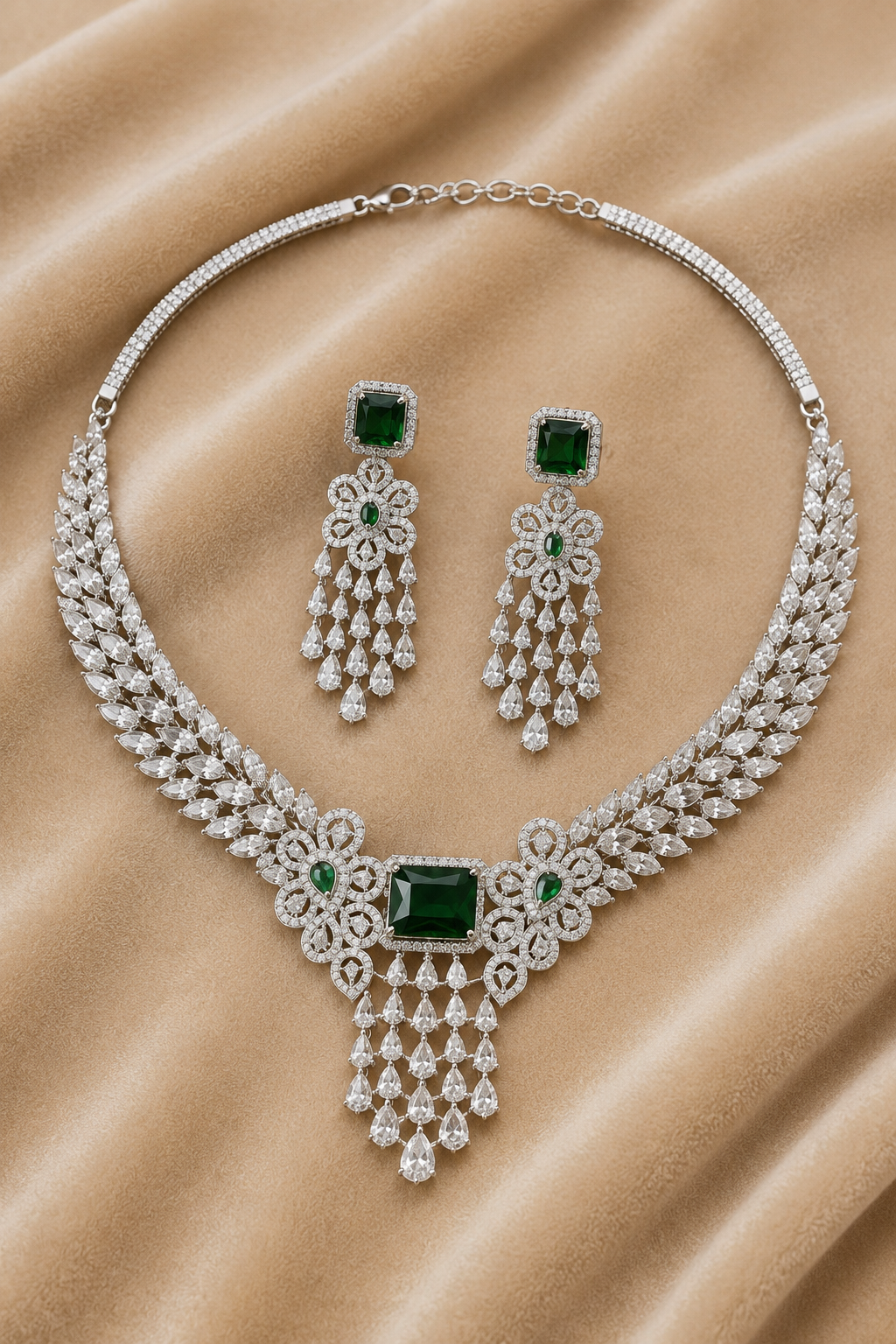 Green Silver Tone American Diamond Necklace Set with Floral Motif