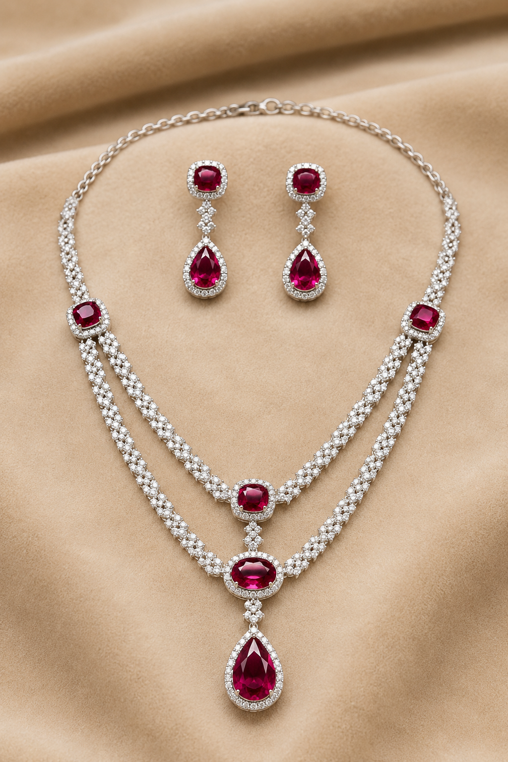 Ruby Oval-Cut Necklace Set with American Diamond Detailing