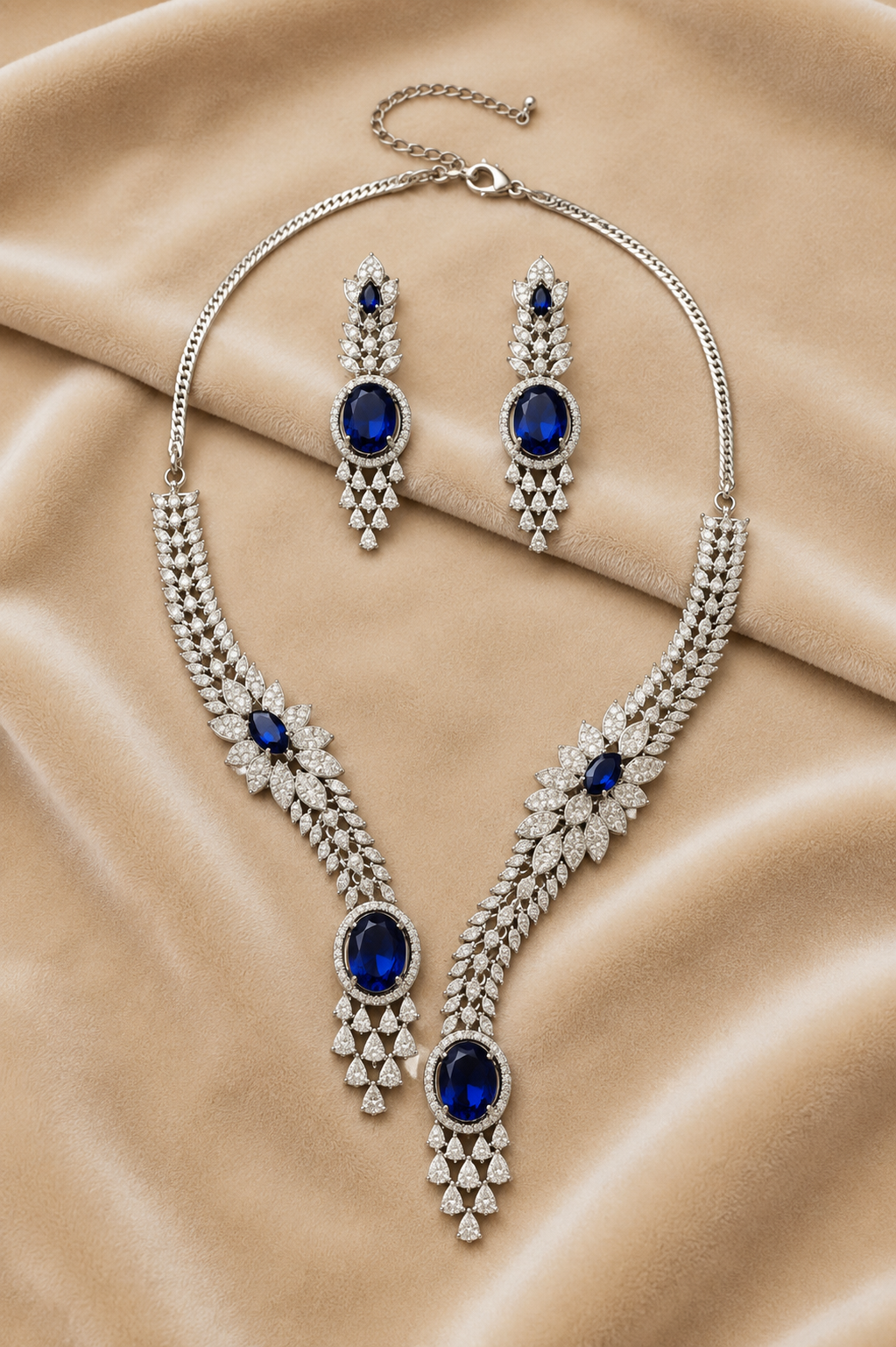 Blue & Silver-Tone Oval shaped American Diamond Necklace Set with Floral Motif