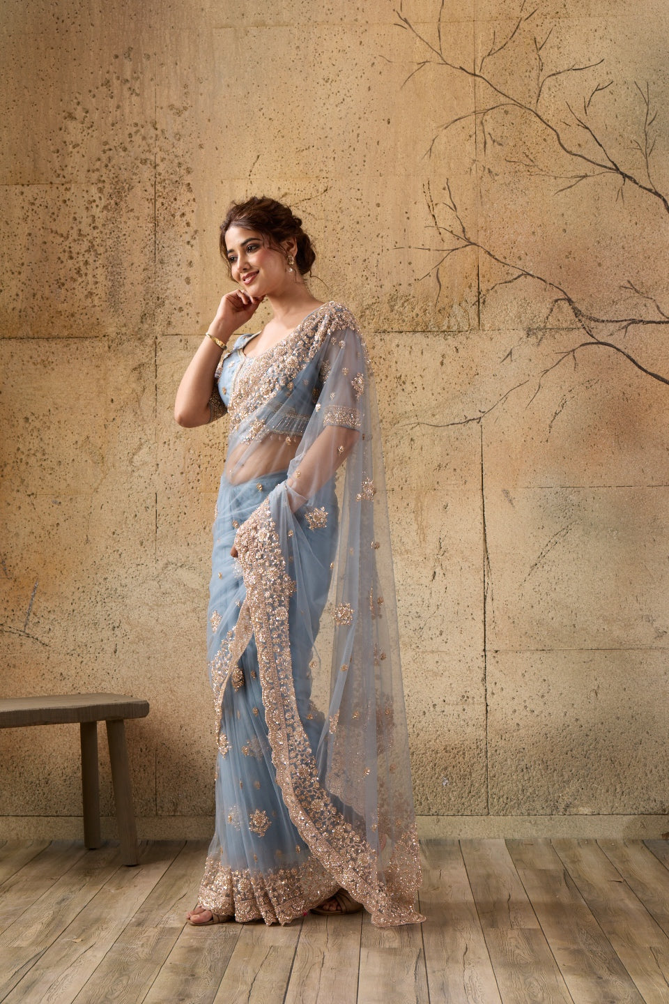 Dusty Blue Net Saree with Hand Embroidery with Stitched Blouse