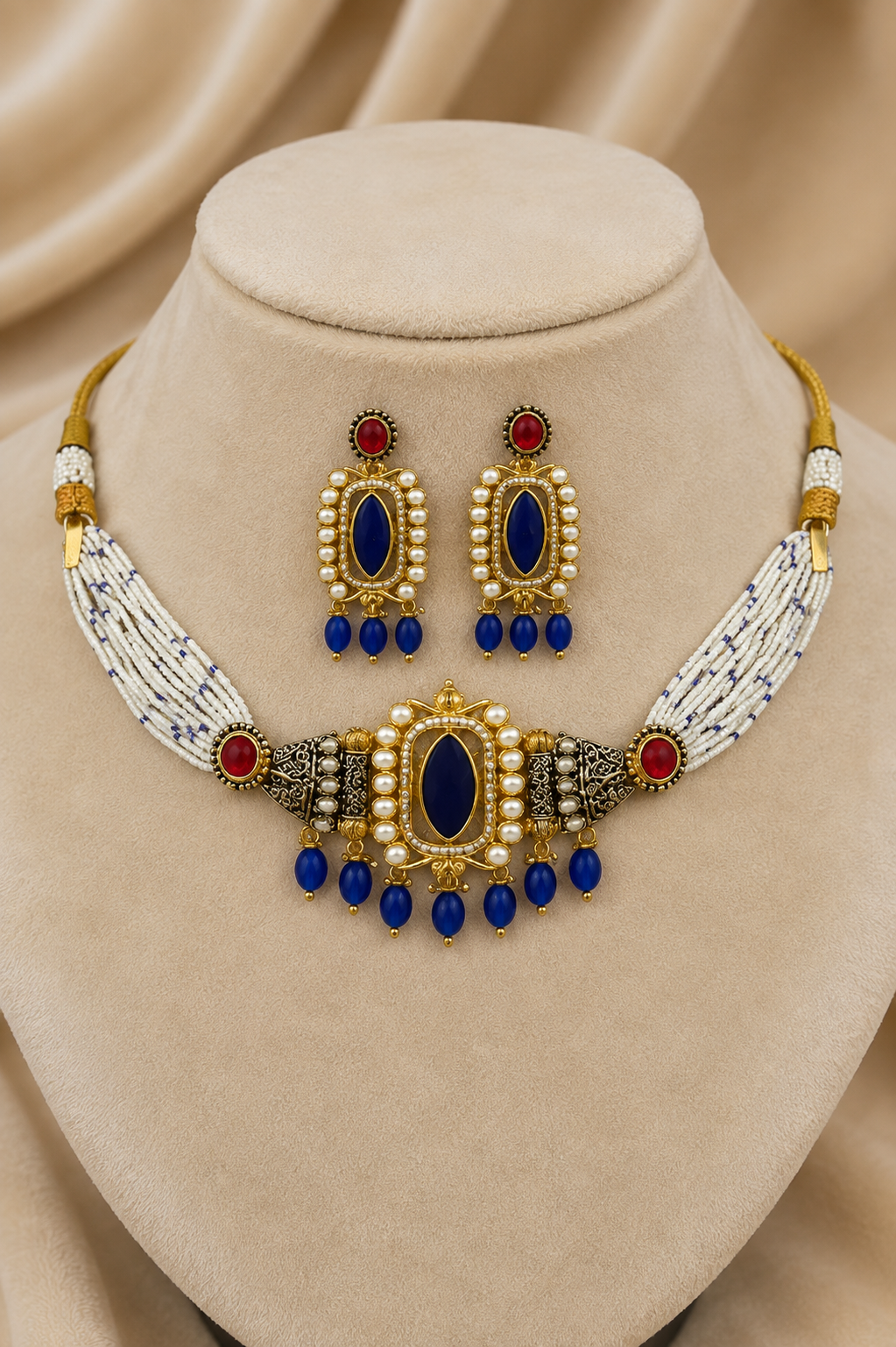 Kundan Blue Beads Choker with Matching Earrings Jewellery Set