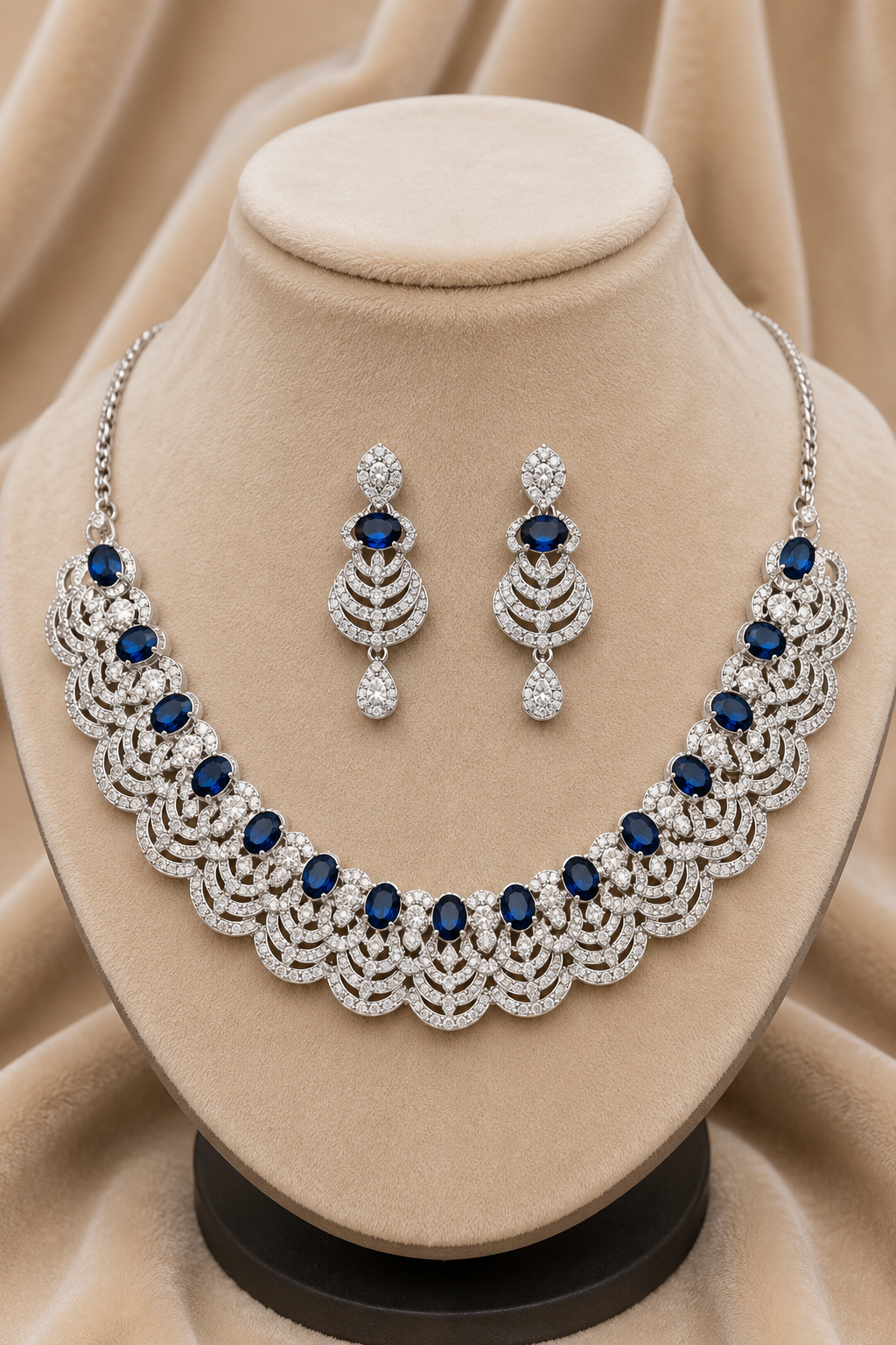 Midnight Blue Square-Cut Stone Necklace Set with Layered Diamond Fan Motif