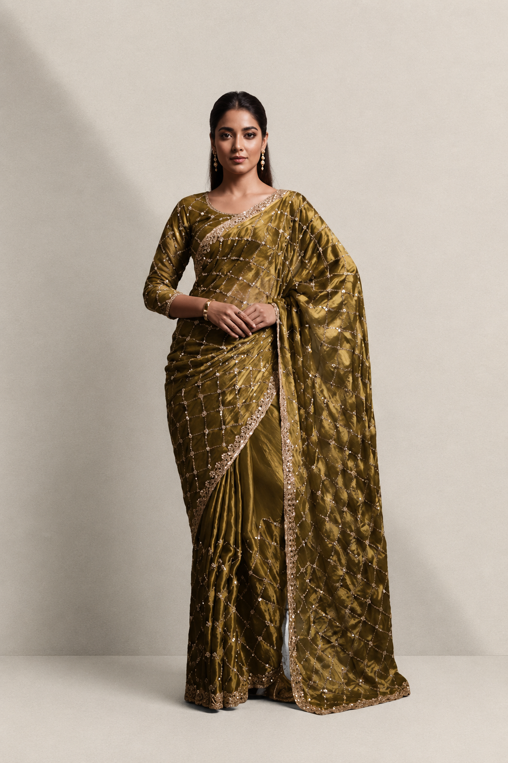 Mehandi Green Organza Silk Saree with Hand Embroidery with Stitched Blouse