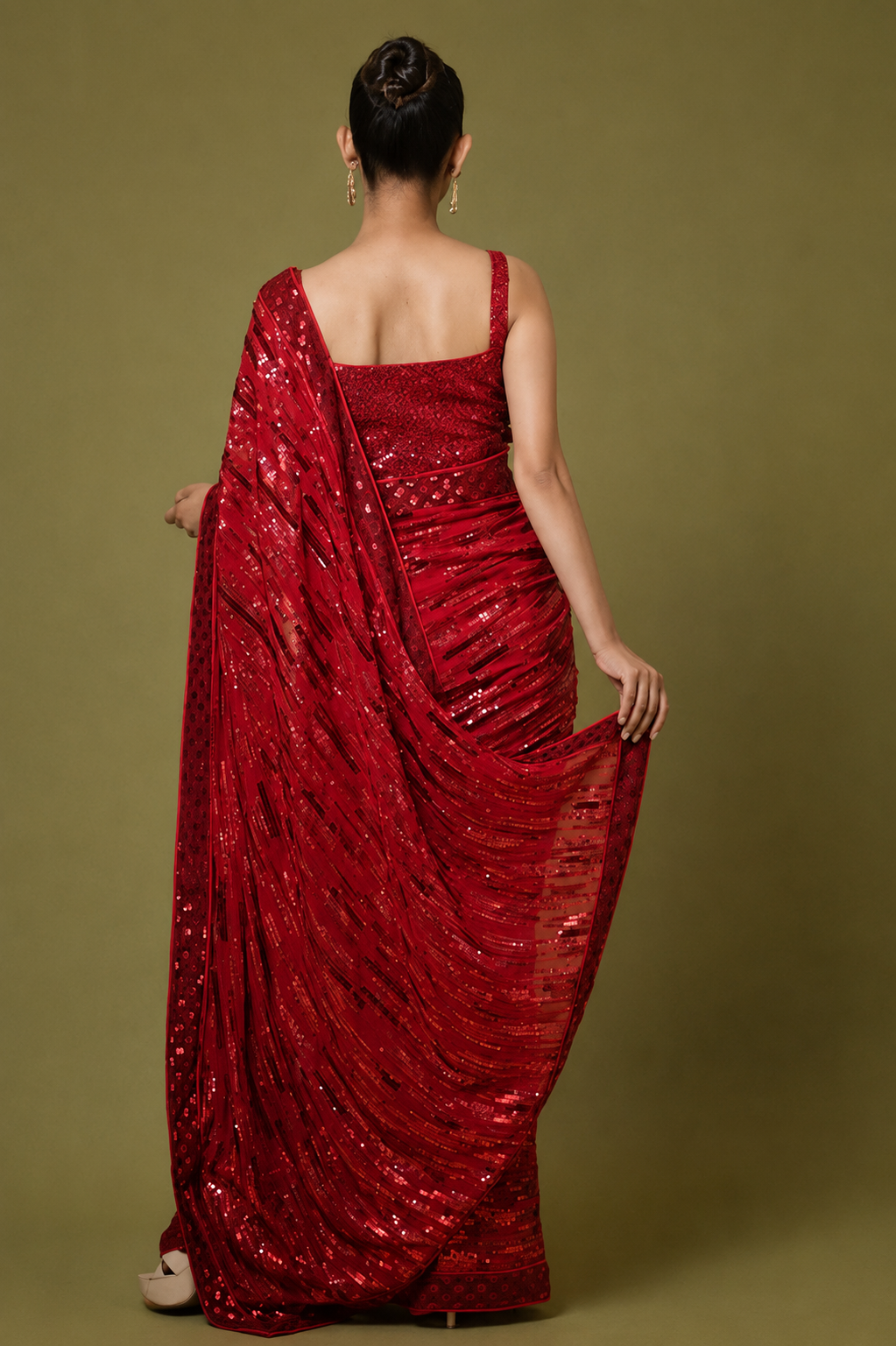Hot Red Georgette Saree with All-Over Sequin Embroidery With Ready To Wear Blouse