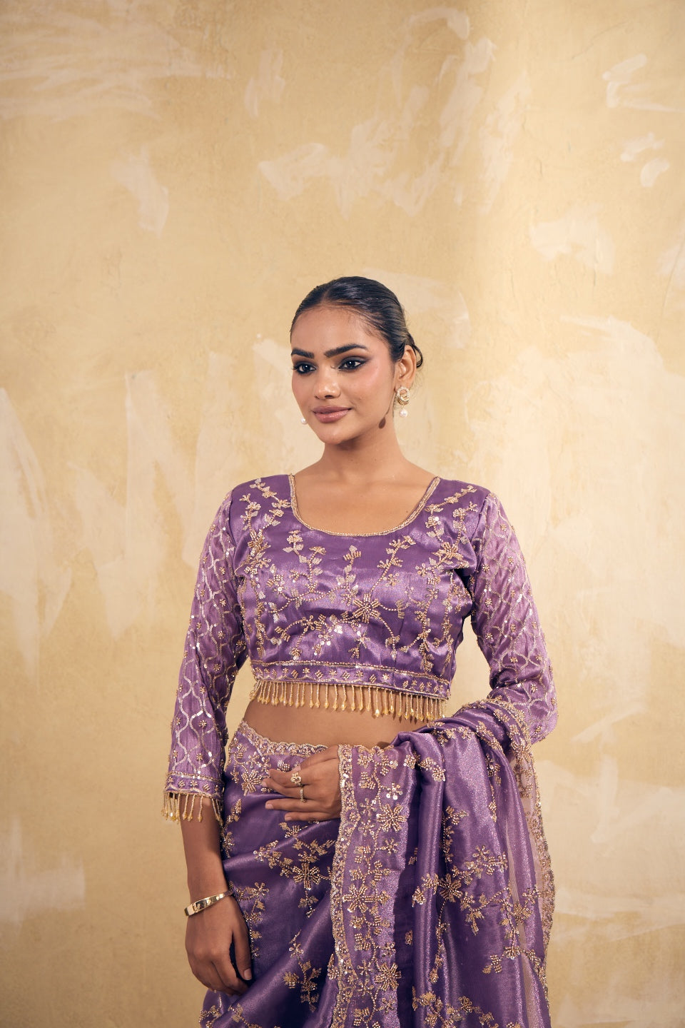 Lavendar Purple Organza Silk Saree with Hand Embriodery with Stitched Blouse