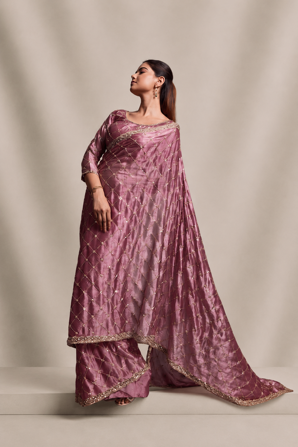 Rose Pink Organza Silk Saree with Hand Embroidery with Stitched Blouse