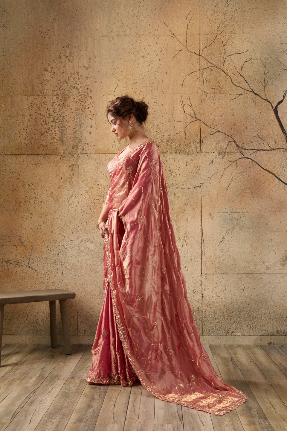 Rose Pink Organza Saree with Hand Embroidery with Stitched Blouse