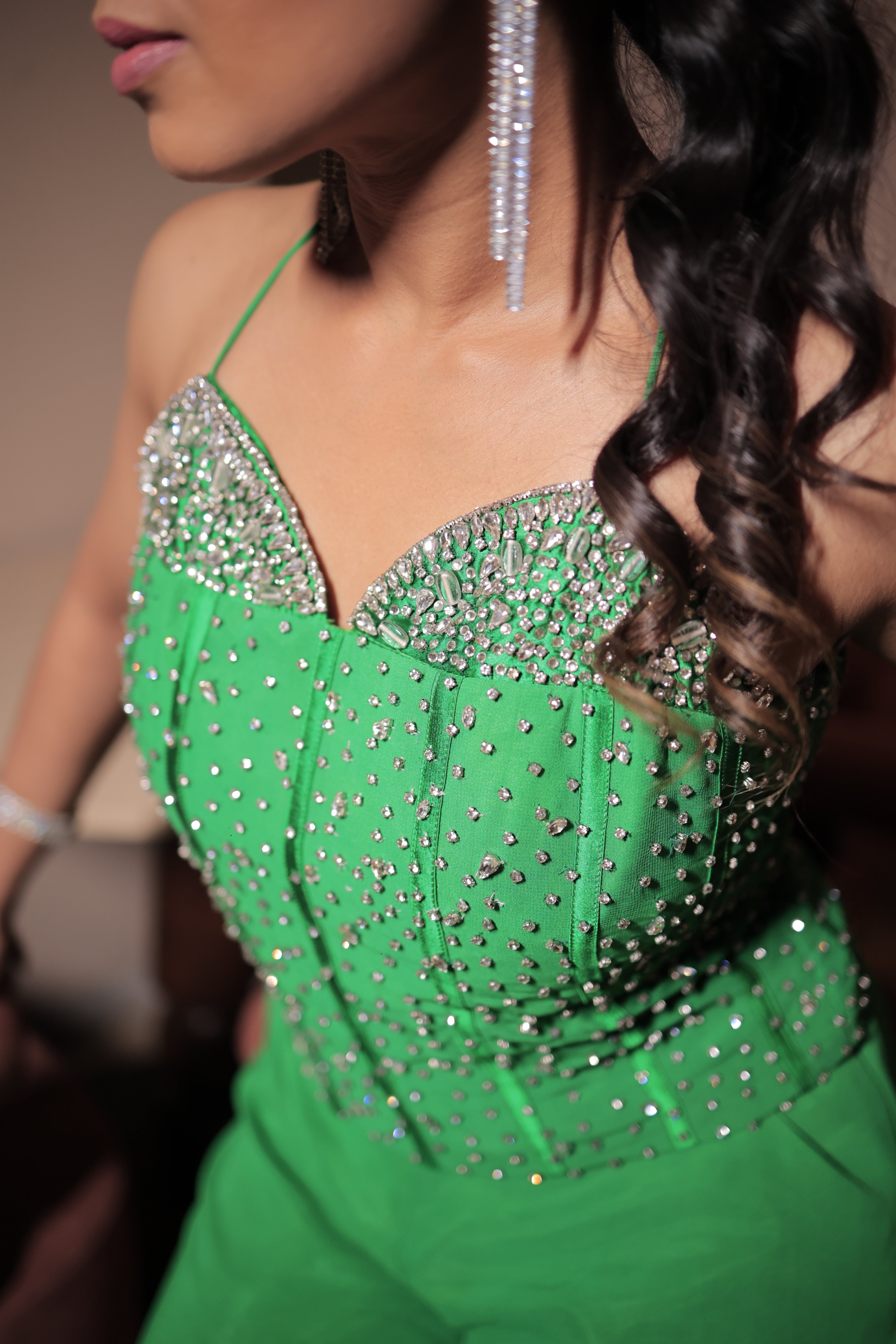 Hand-Embroidered Green Georgette Cord-Set Suit with Swarovski Stone Wo Hand-Embroidered Green Georgette Cord-Set Suit with Swarovski Stone Wo